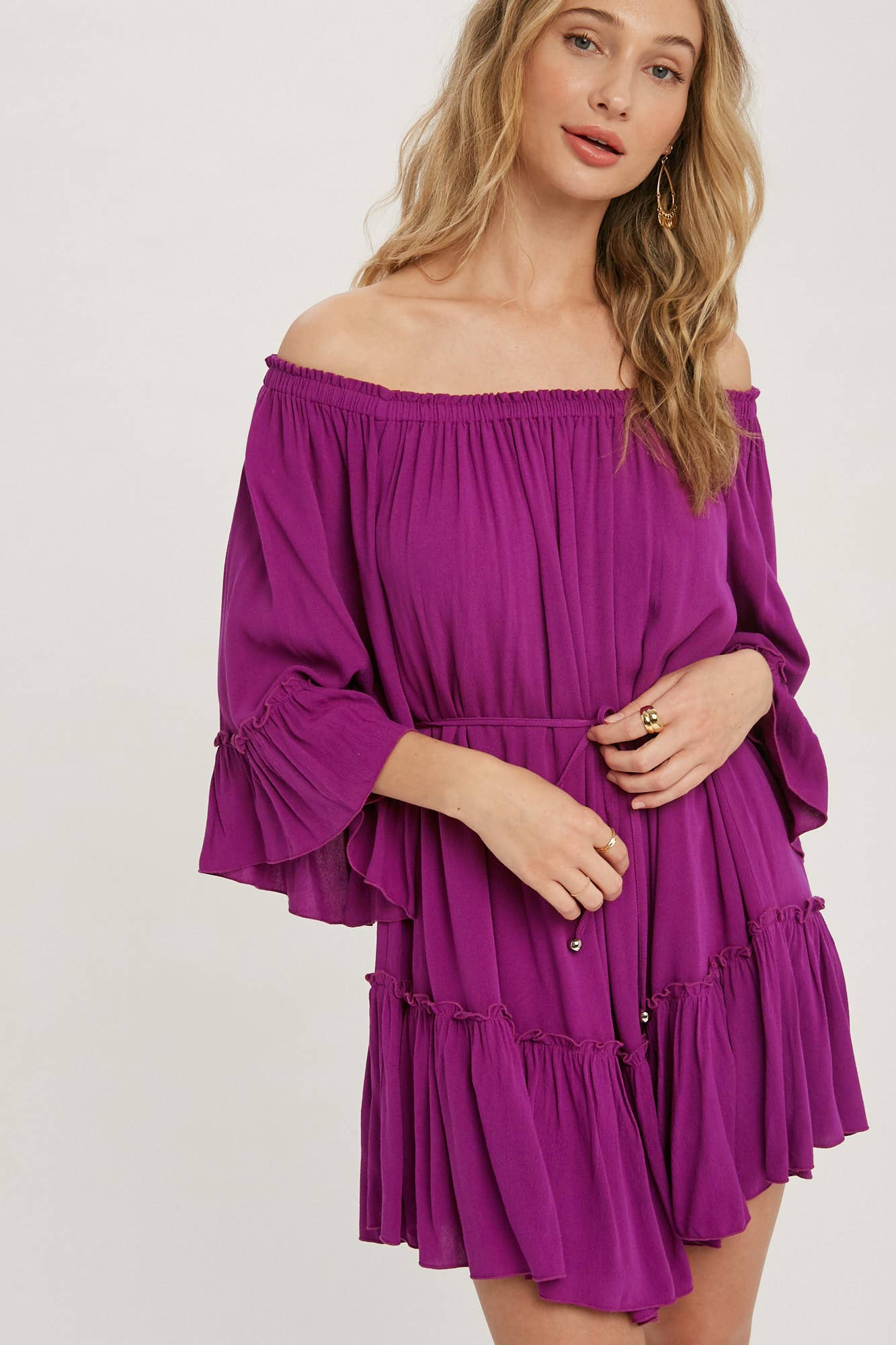 RUFFLED SOLID BOHO DRESS