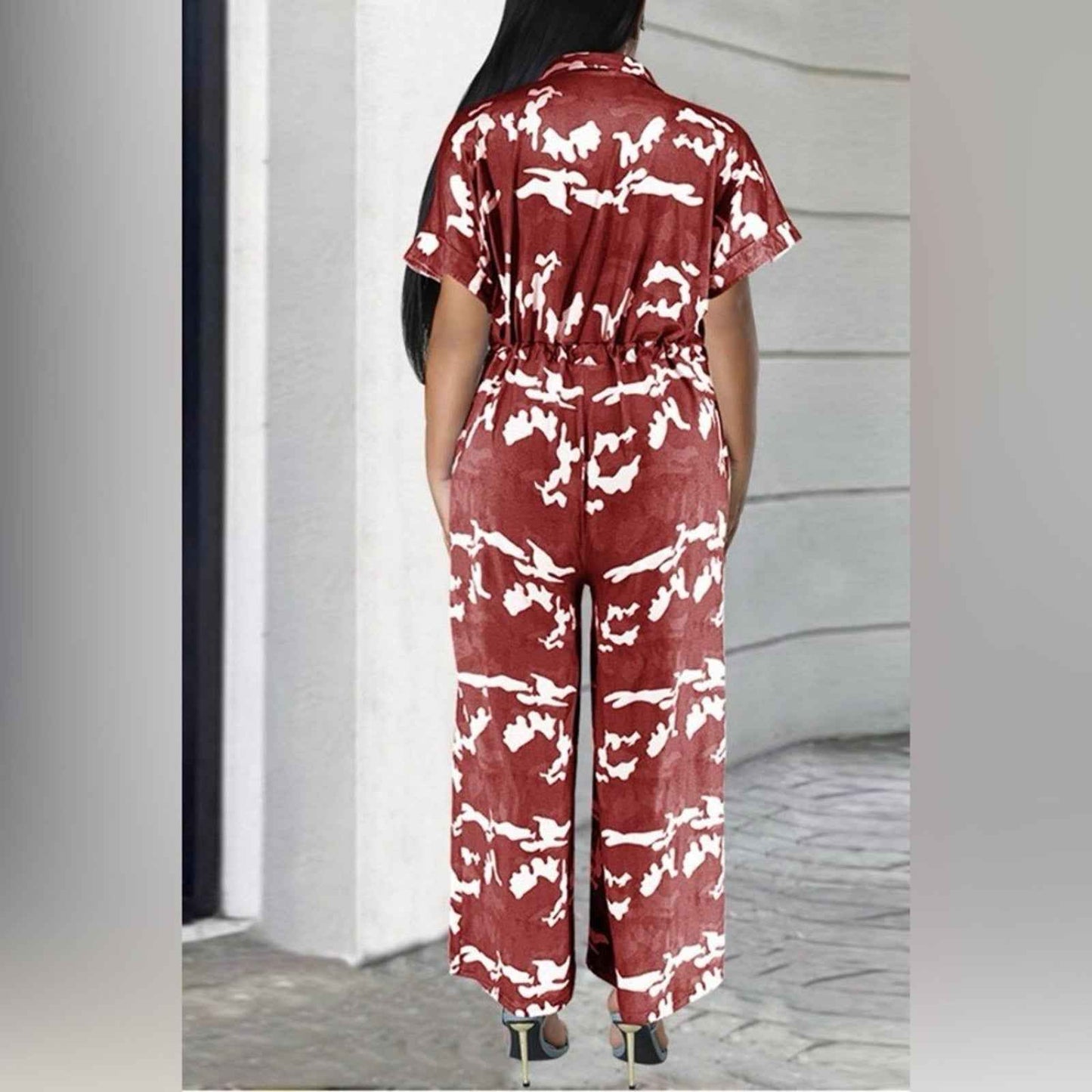 Apricot and White Abstract Jumpsuit with Flowing Wide-Leg Fit XL-5XL