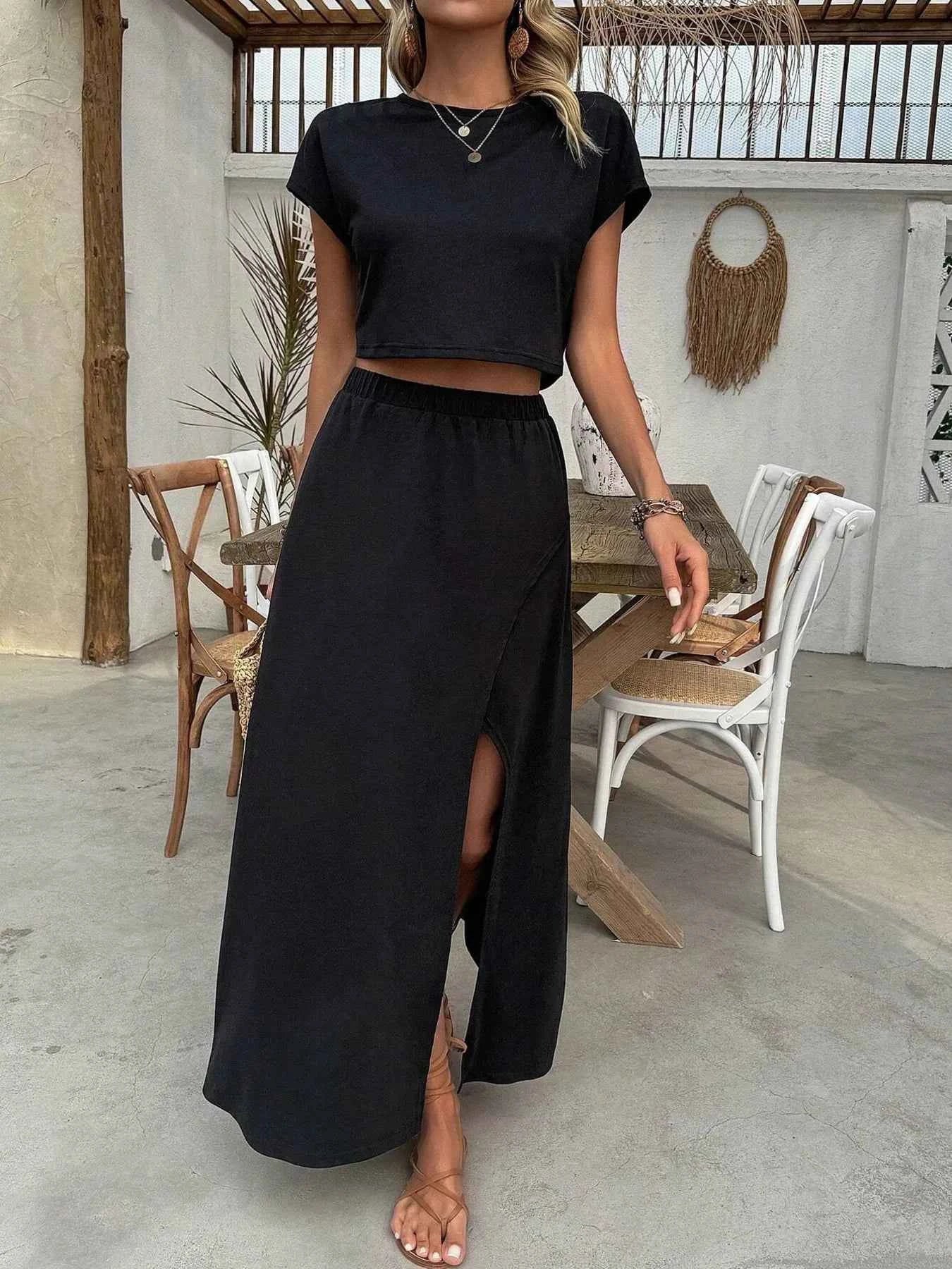 Round Neck Top and Slit Skirt Set