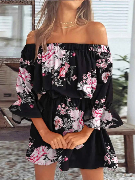 Full Size Floral Off-Shoulder Flounce Sleeve Mini Dress Plus Size