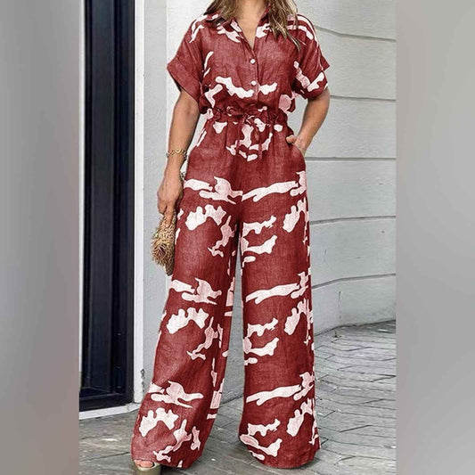Plus Size Red and White Abstract Jumpsuit with Flowing Wide-Leg Fit 1X-5X