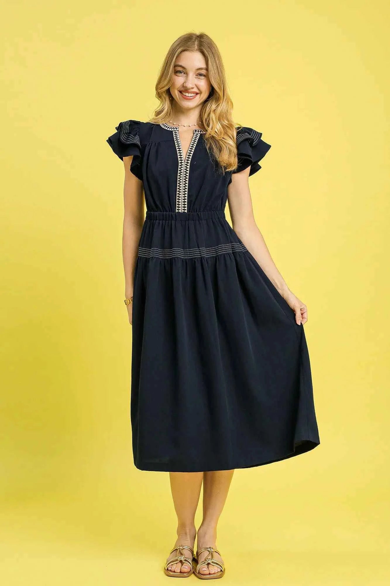 Umgee Ruffled Cap Sleeve Midi Dress with Contrast Trim Detail