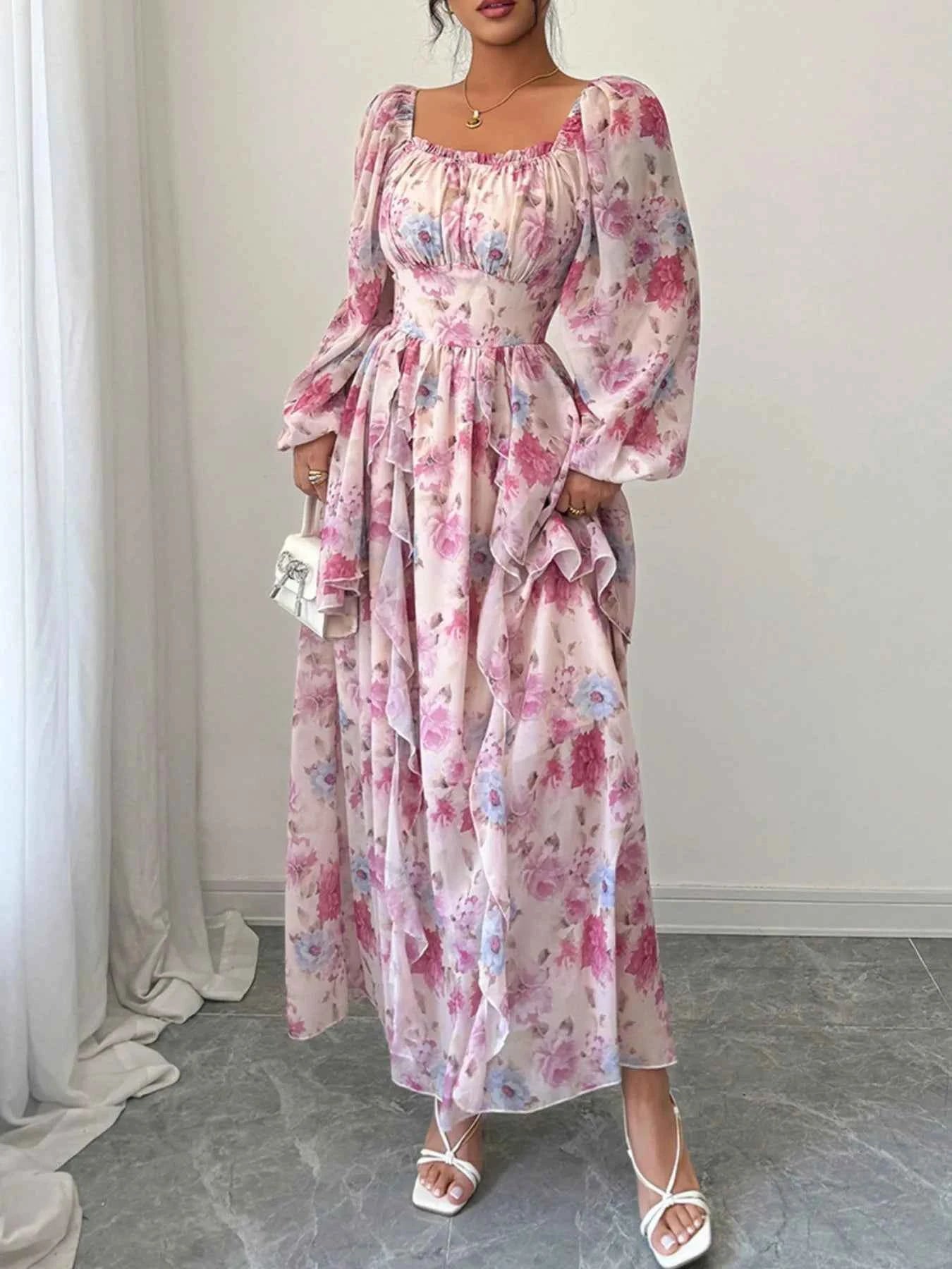 Ruffled Floral Print Balloon Sleeve Maxi Dress