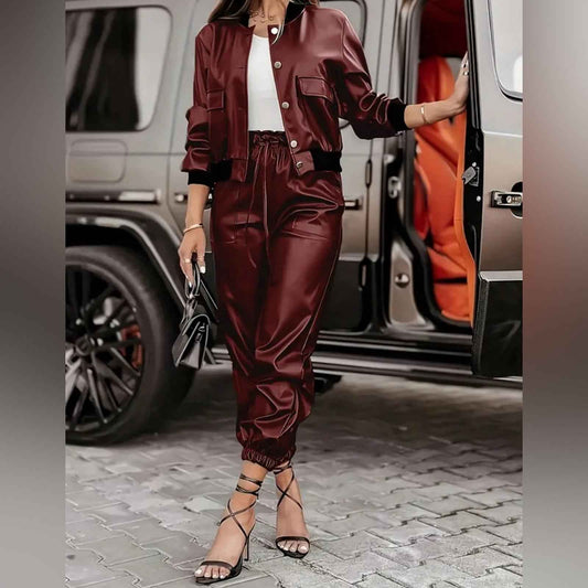 Women's Casual Suit with Pocket Design Workwear Style PUPU Leather Jacket Set