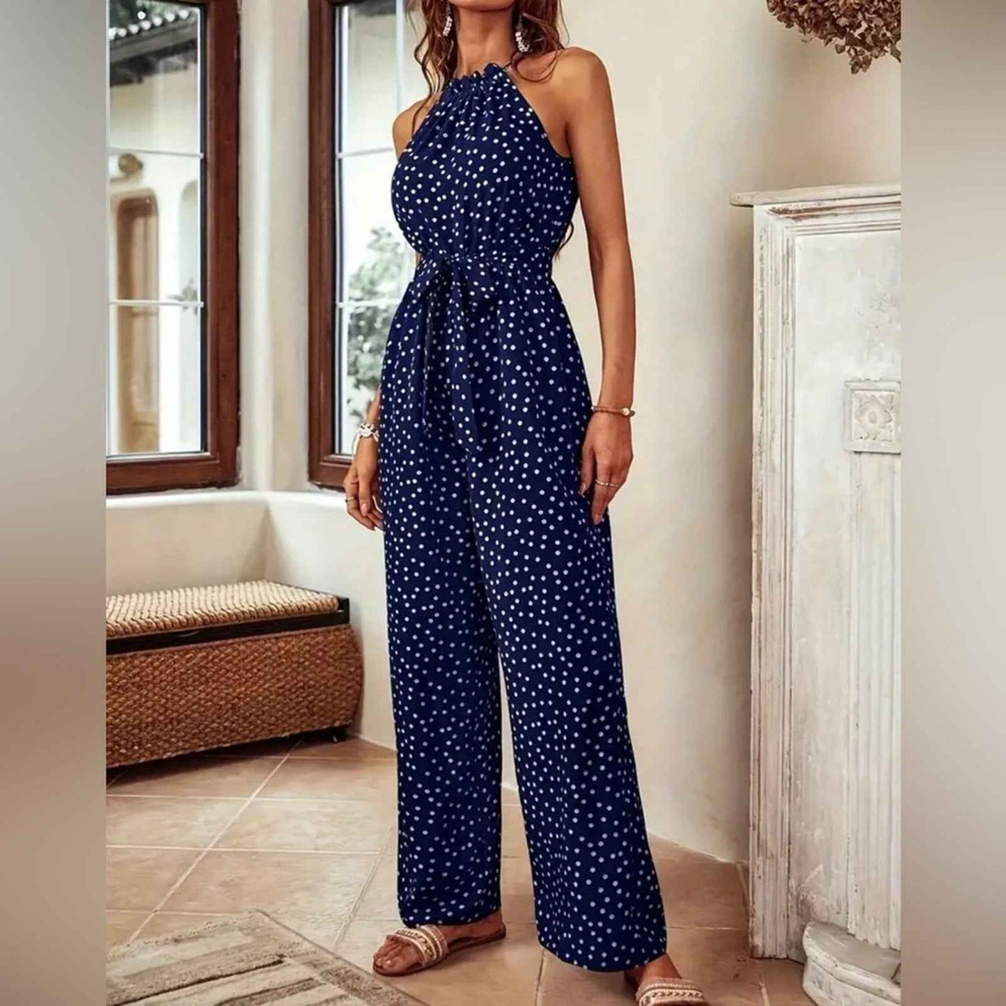 Elegant Geometric Halter Neck Culottes Wide Leg Jumpsuit, Versatile Sleeveless