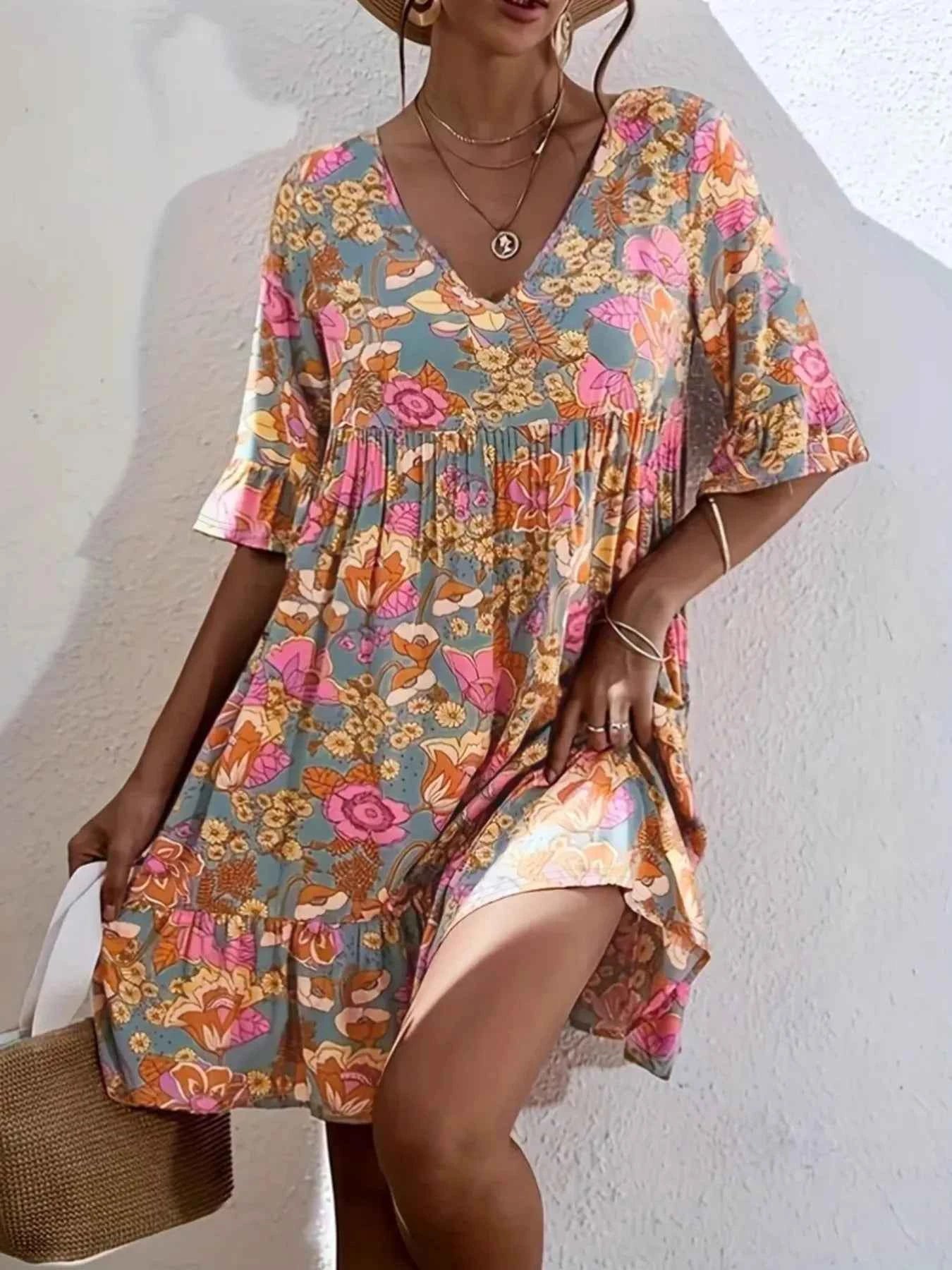Printed V-Neck Tiered Dress