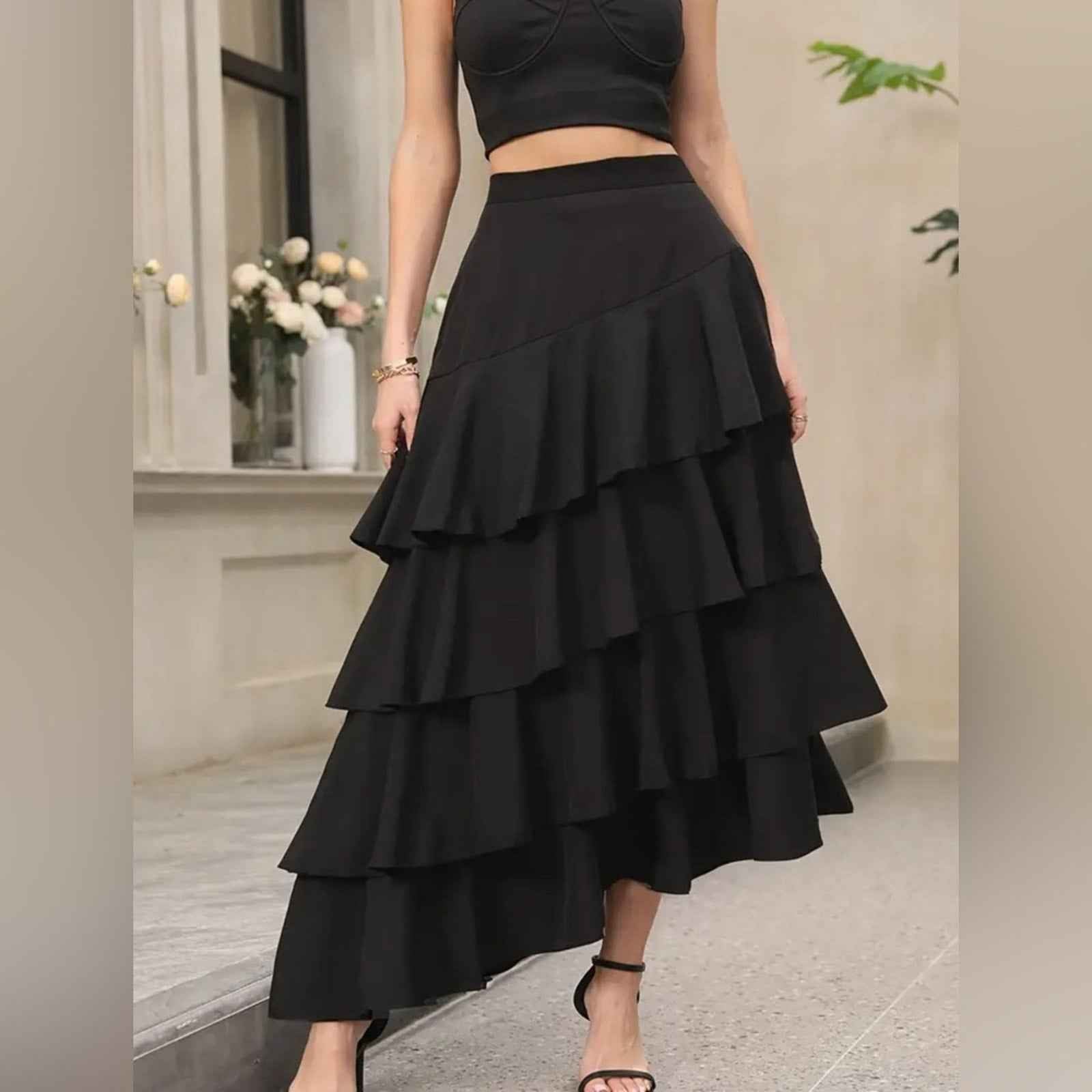 Elegant Ruffle Hem Tiered Skirt - High Waist Perfect for Womens Curvy Figure