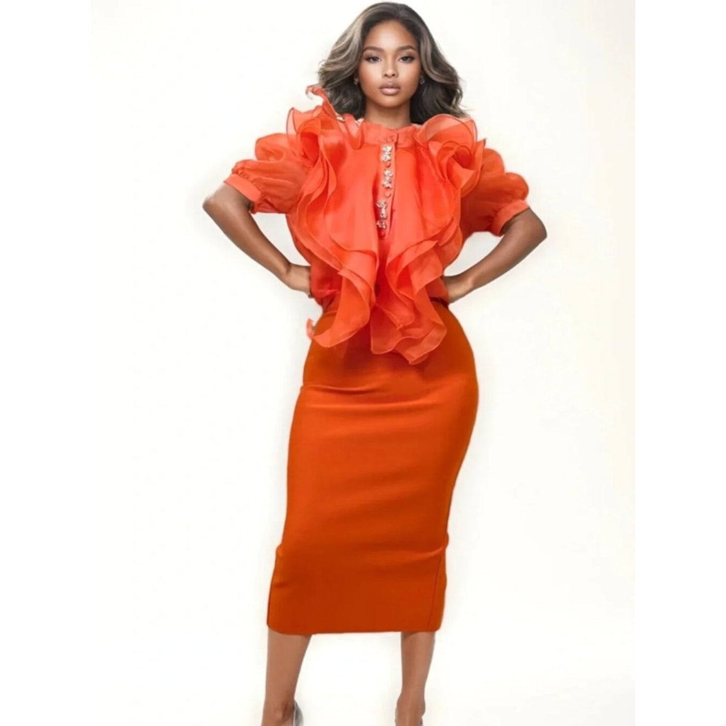 Coral Flame Couture Ruffle Blouse