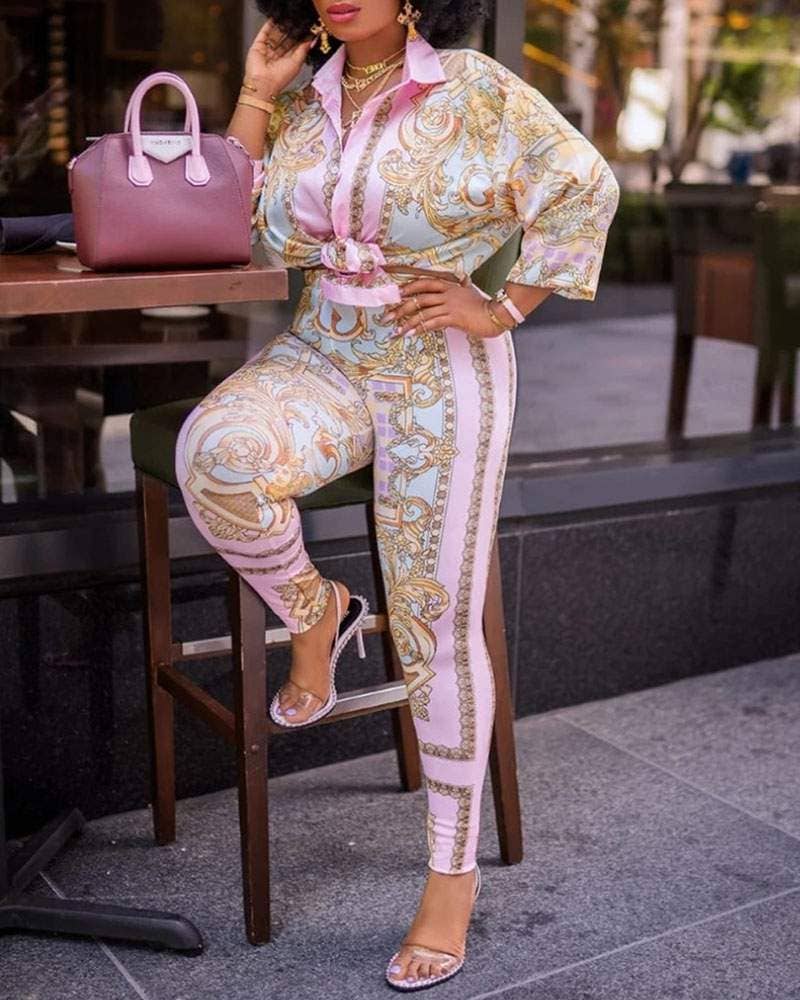 Print lantern sleeve top high waist pants set