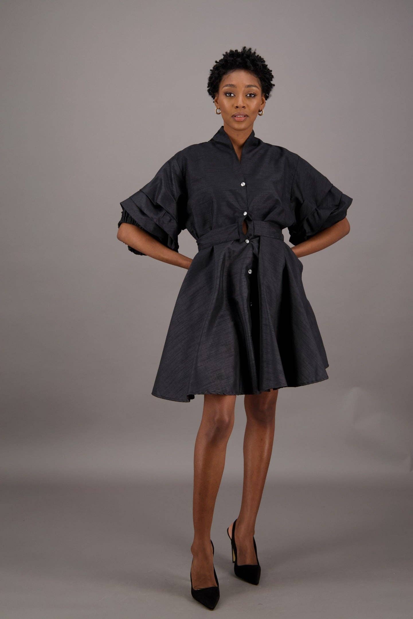 Black Satin Button-Up Flare Shirt Dress