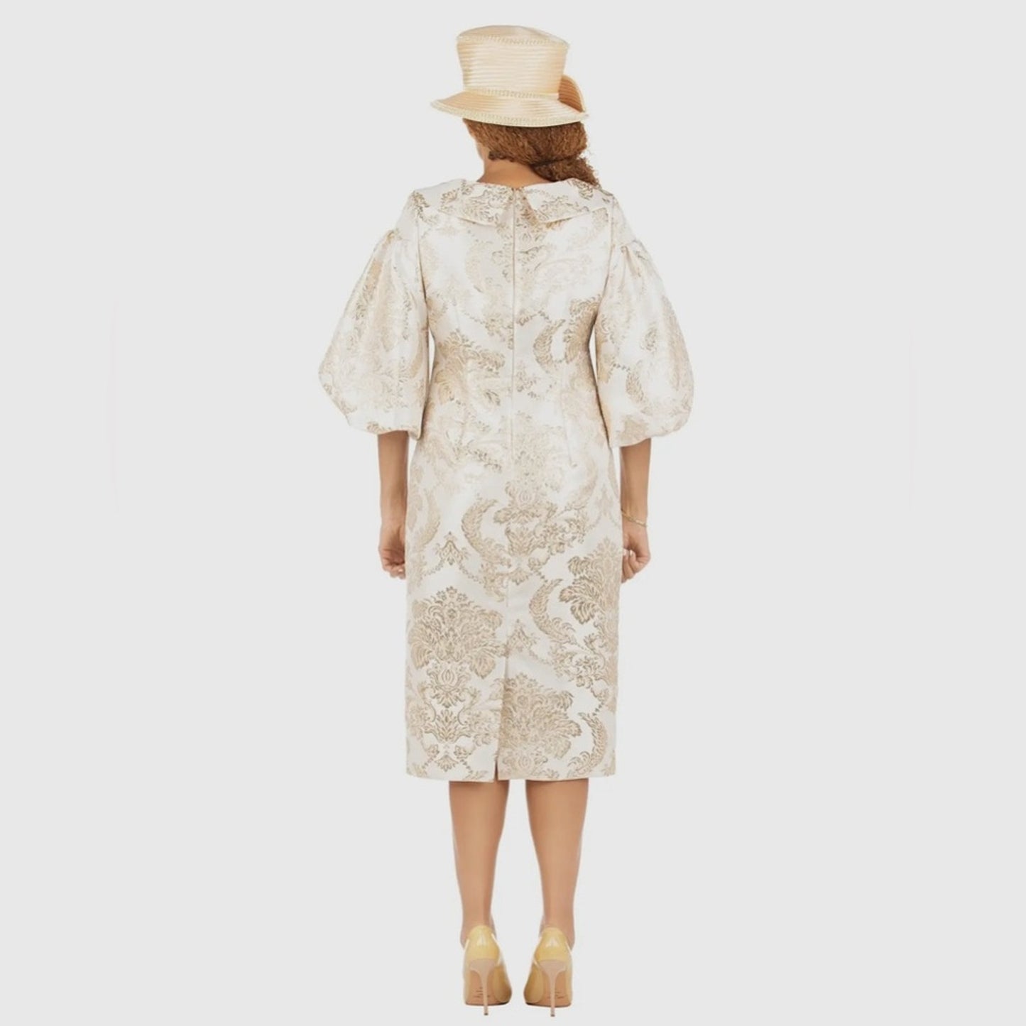 Giovanna Champagne Midi Dress with 3/4 Bishop Sleeves and Bateau Neckline