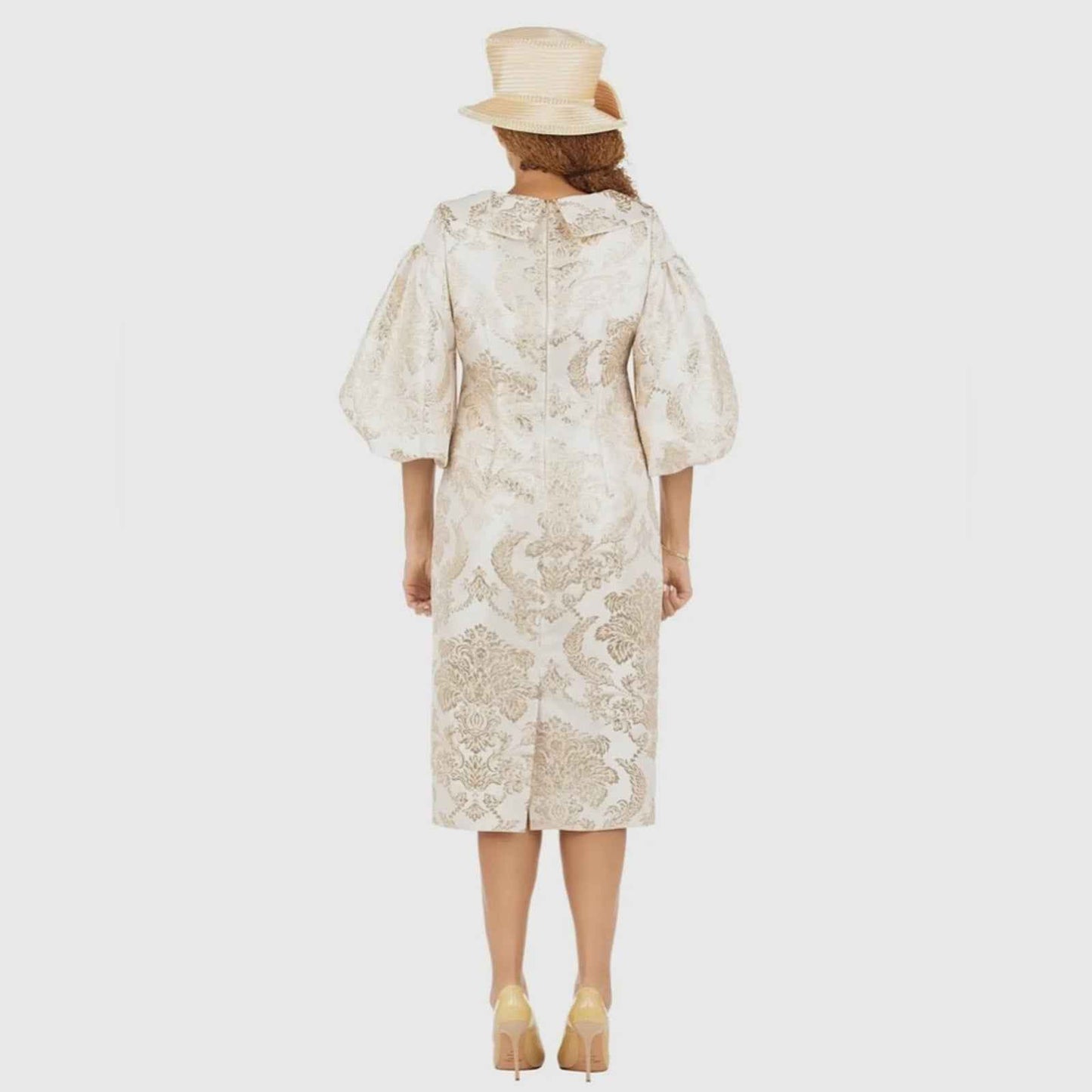 Giovanna Champagne Midi Dress with 3/4 Bishop Sleeves and Bateau Neckline