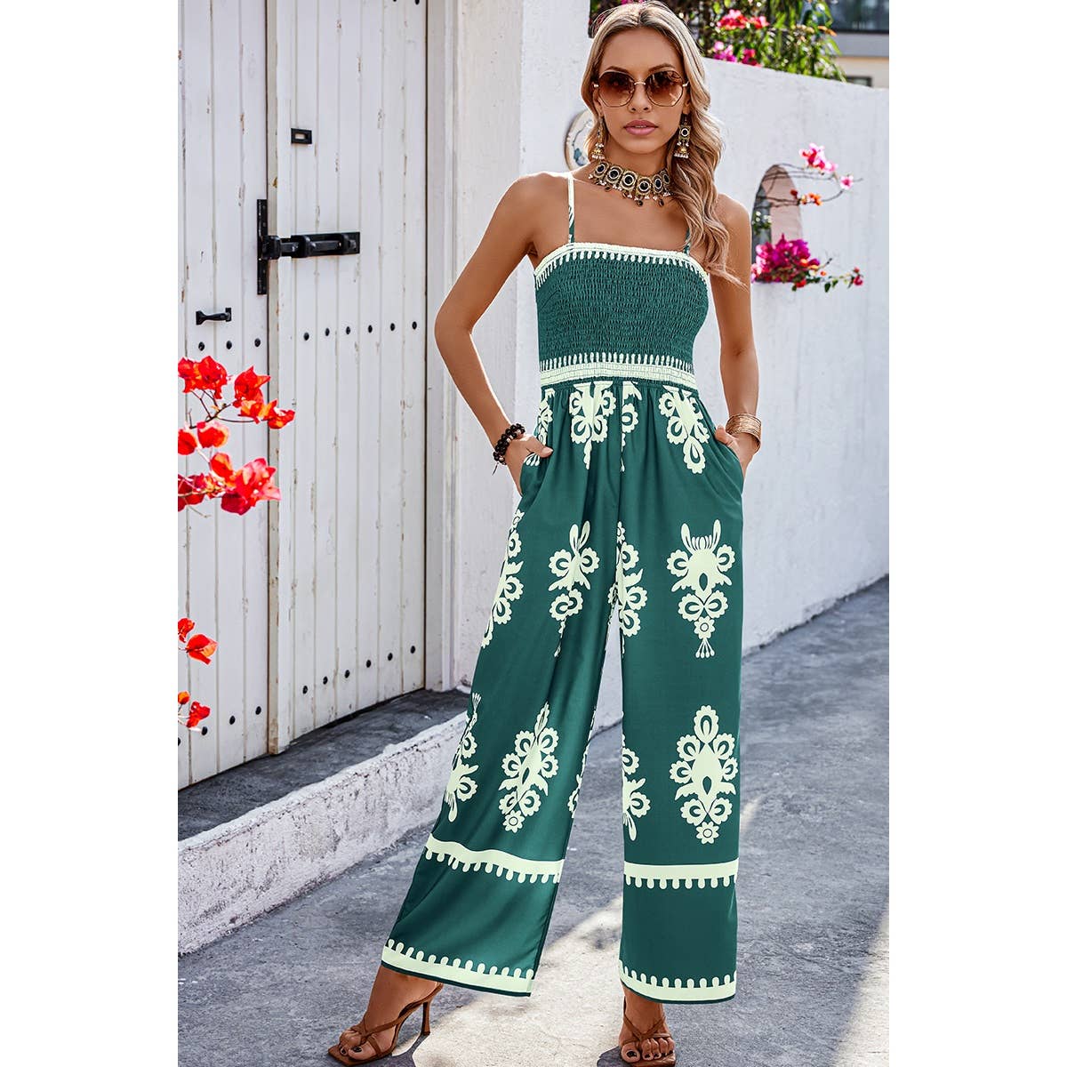 Off Shoulder Ruched Printed High Waist Jumpsuit