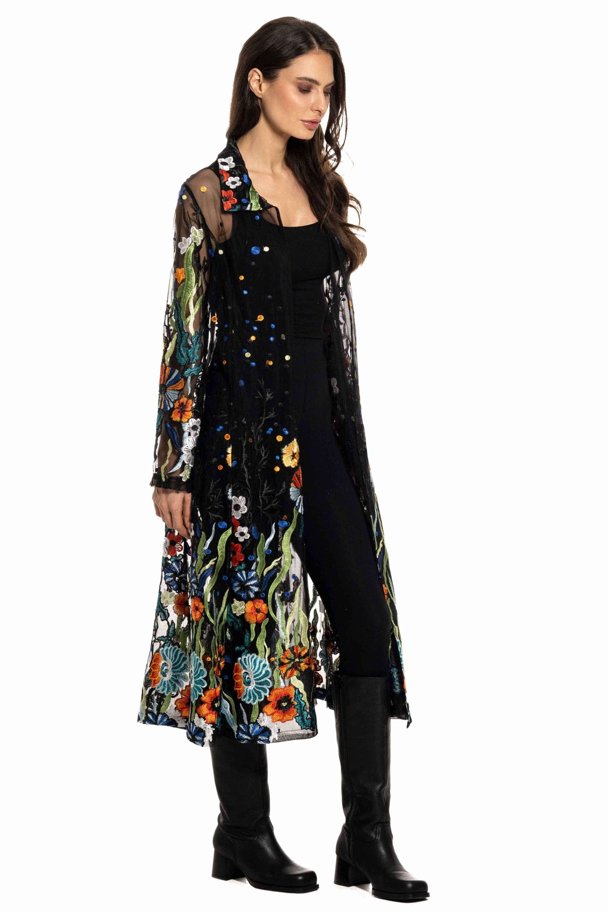 T417BK - Long Black Embroidered Sheer Duster