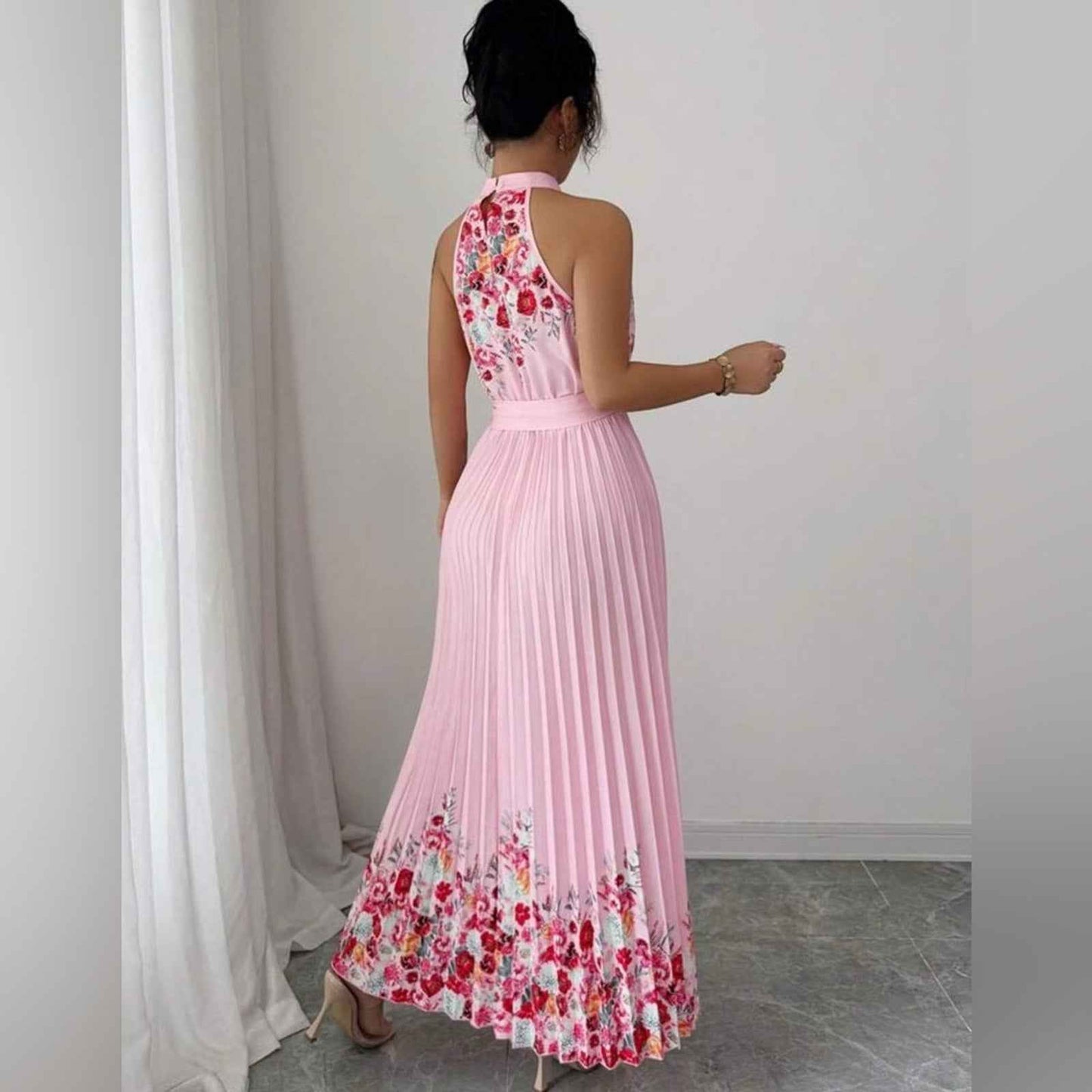 Blush Pink Pleated Floral Halter Dress | Wedding Guest Party Maxi Dress