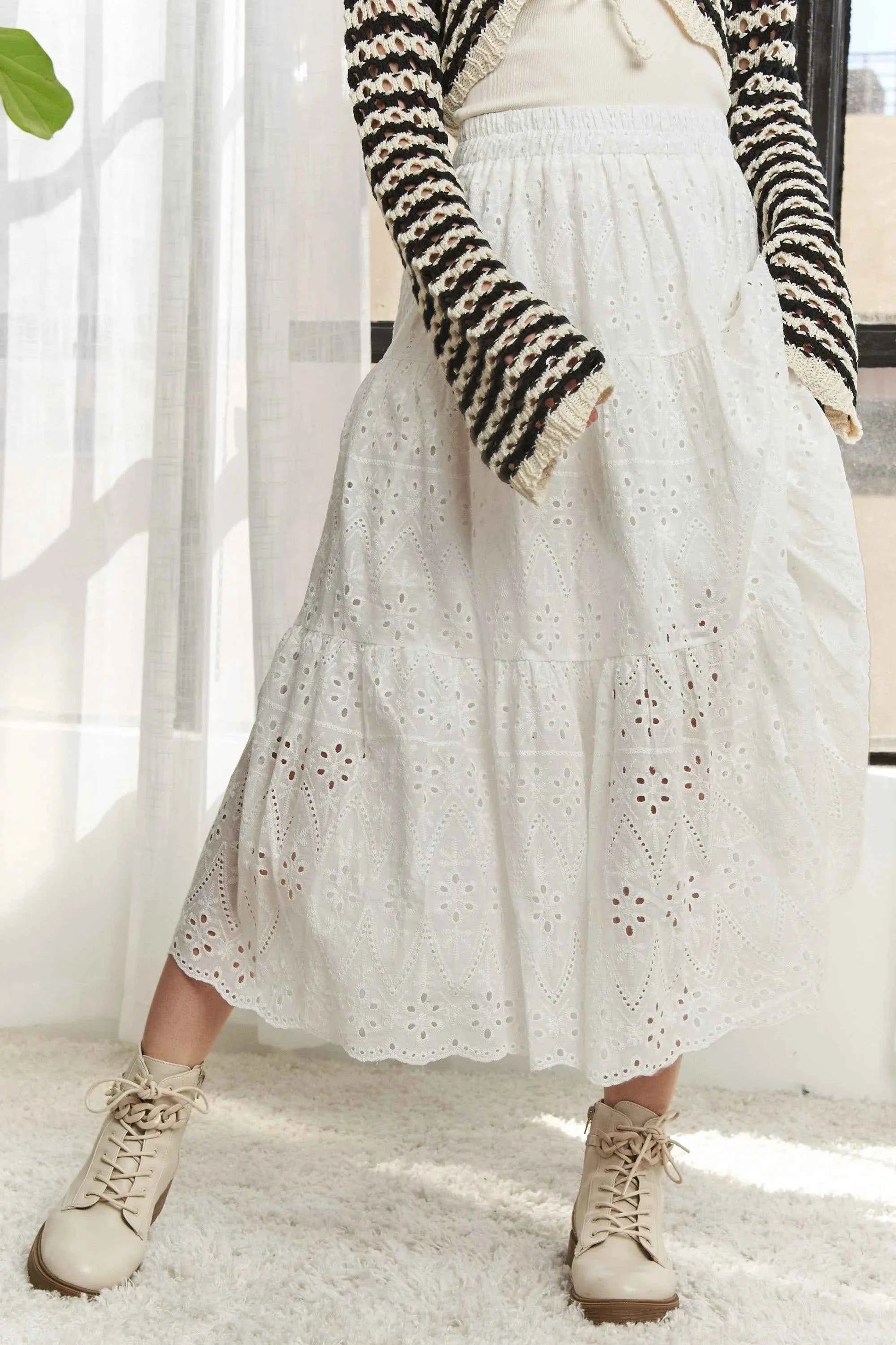 ADORA Elastic Waistband Tiered Midi Skirt