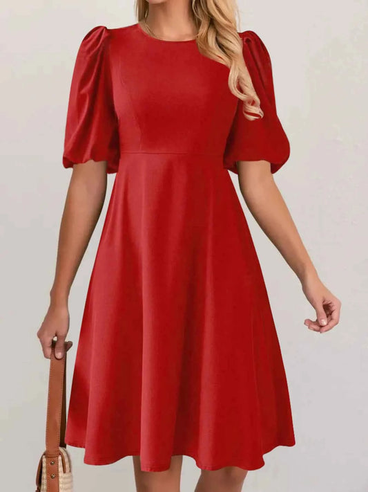 Round Neck Puff Sleeve A-Line Dress