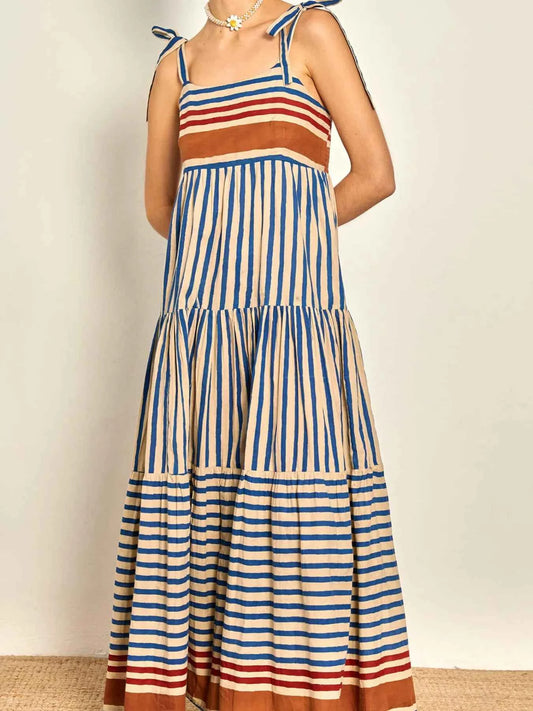 Striped Tie-Shoulder Tiered Maxi Dress