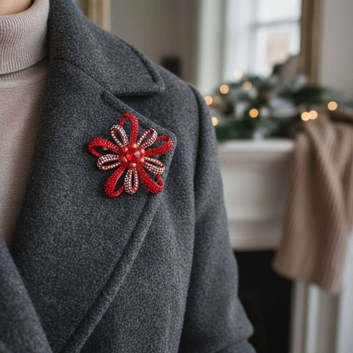 Gray coat with a red floral brooch, blurred indoor background