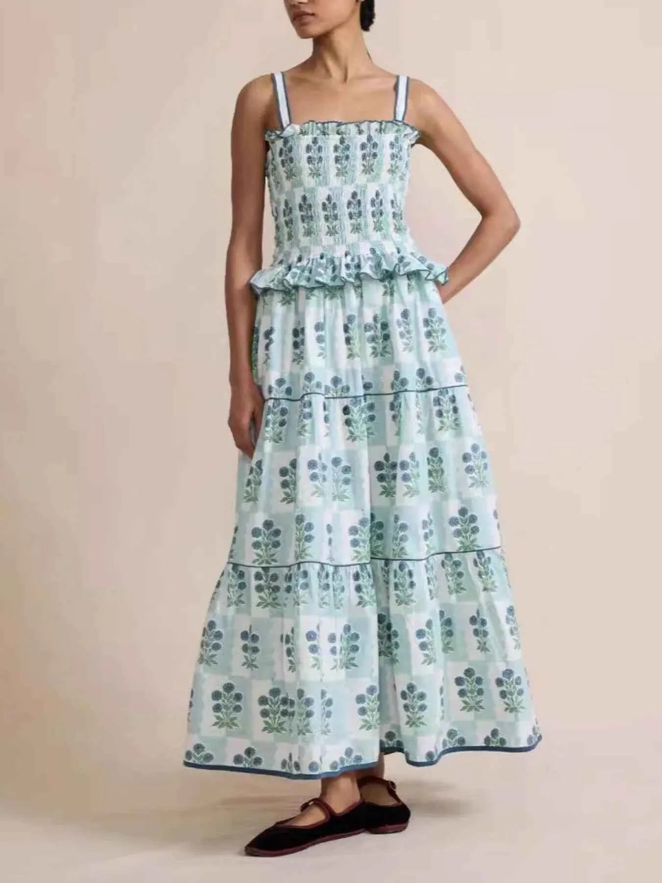 Smocked Ruffled Square Neck Maxi Dress