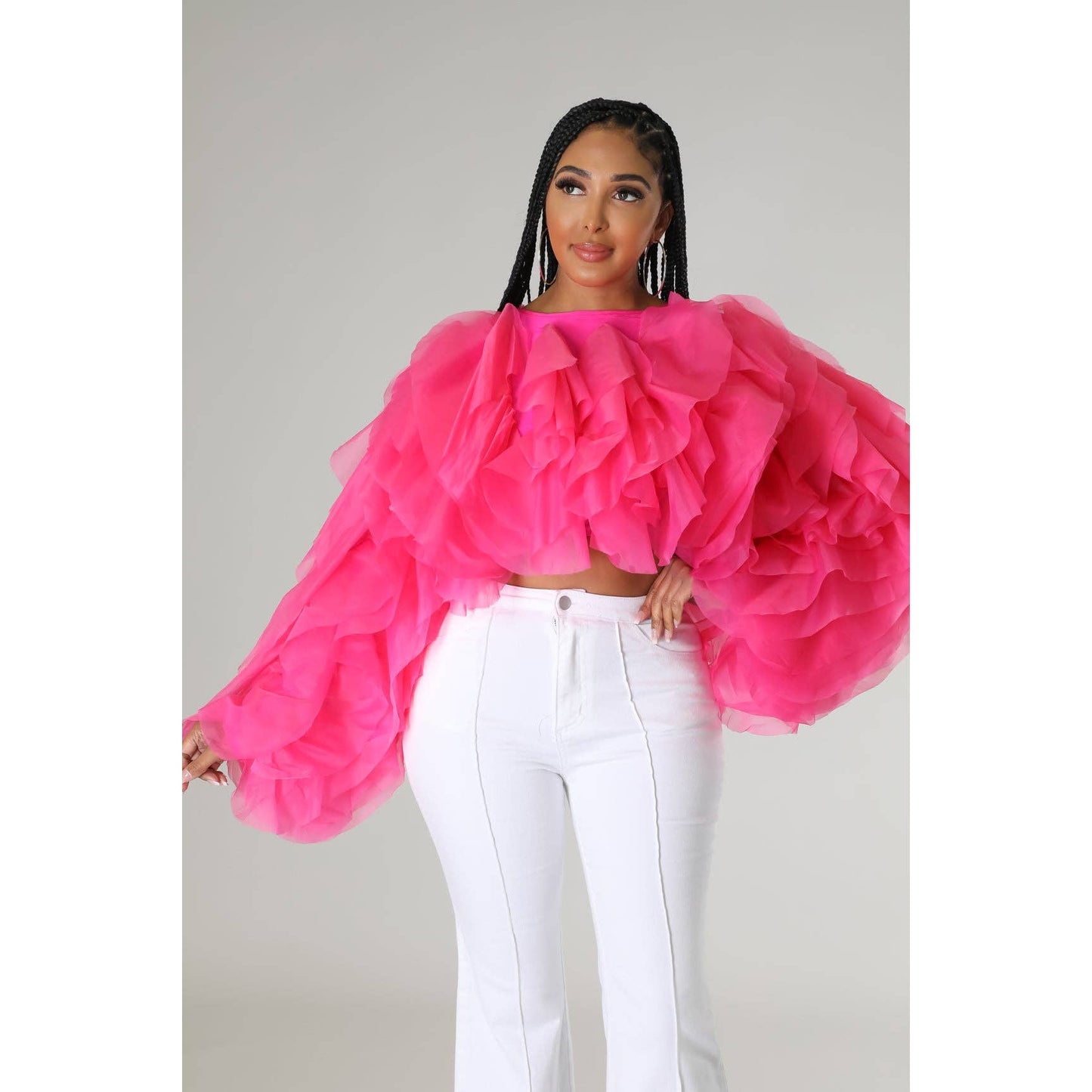 Plus Long Sleeve Ruffle Tulle Crop Top Blouse