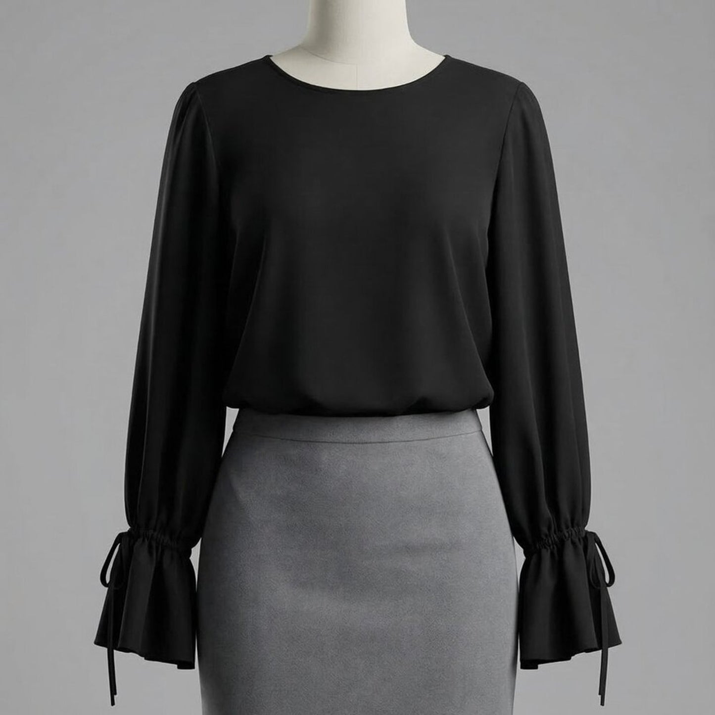 Elegant Black Bell Sleeve Blouse – Ruffle Cuff Tie Sleeve Top |Chic Work, Church