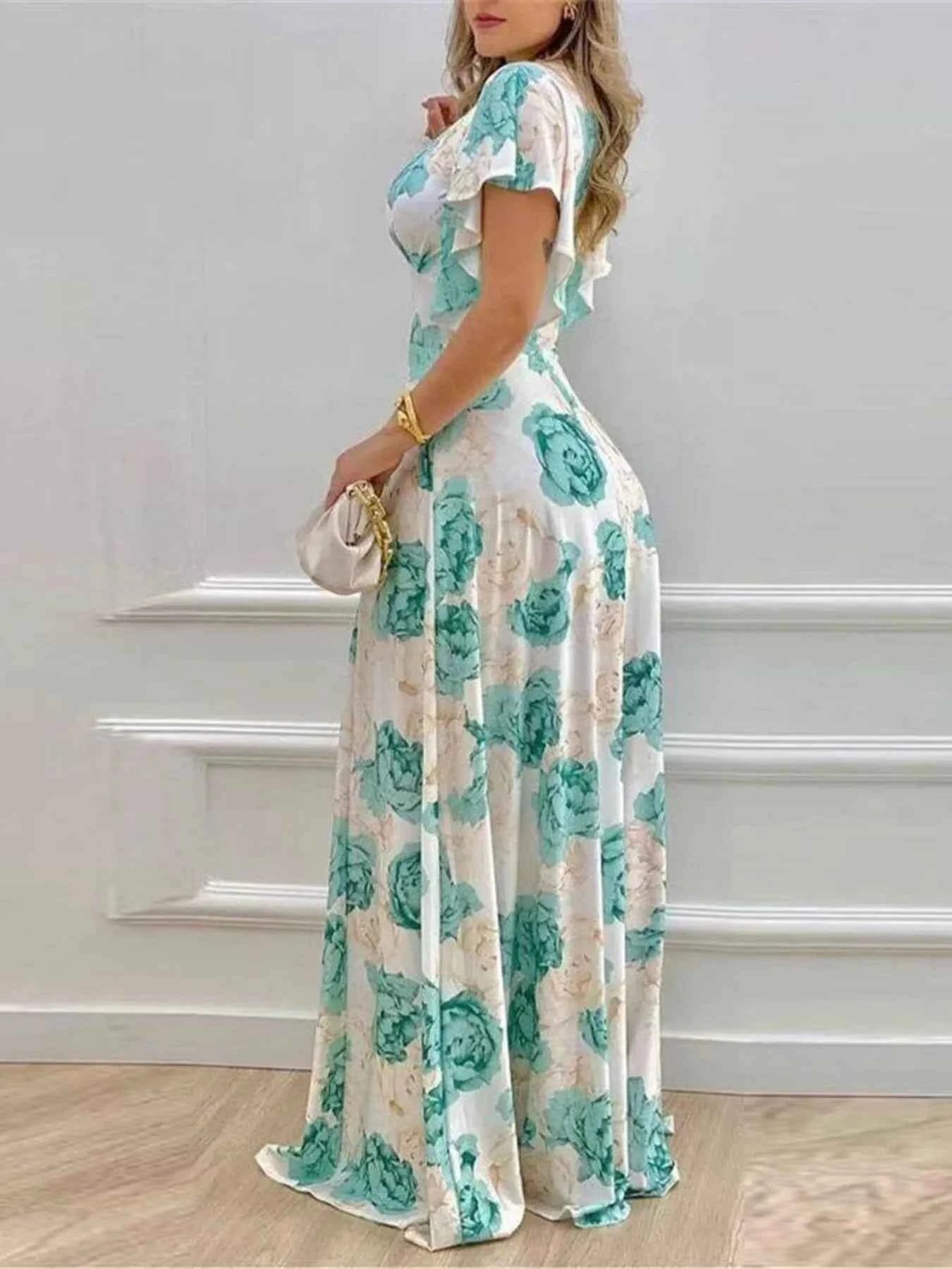 Plus Size Floral Print V-Neck Maxi Dress with Flutter Sleeves
