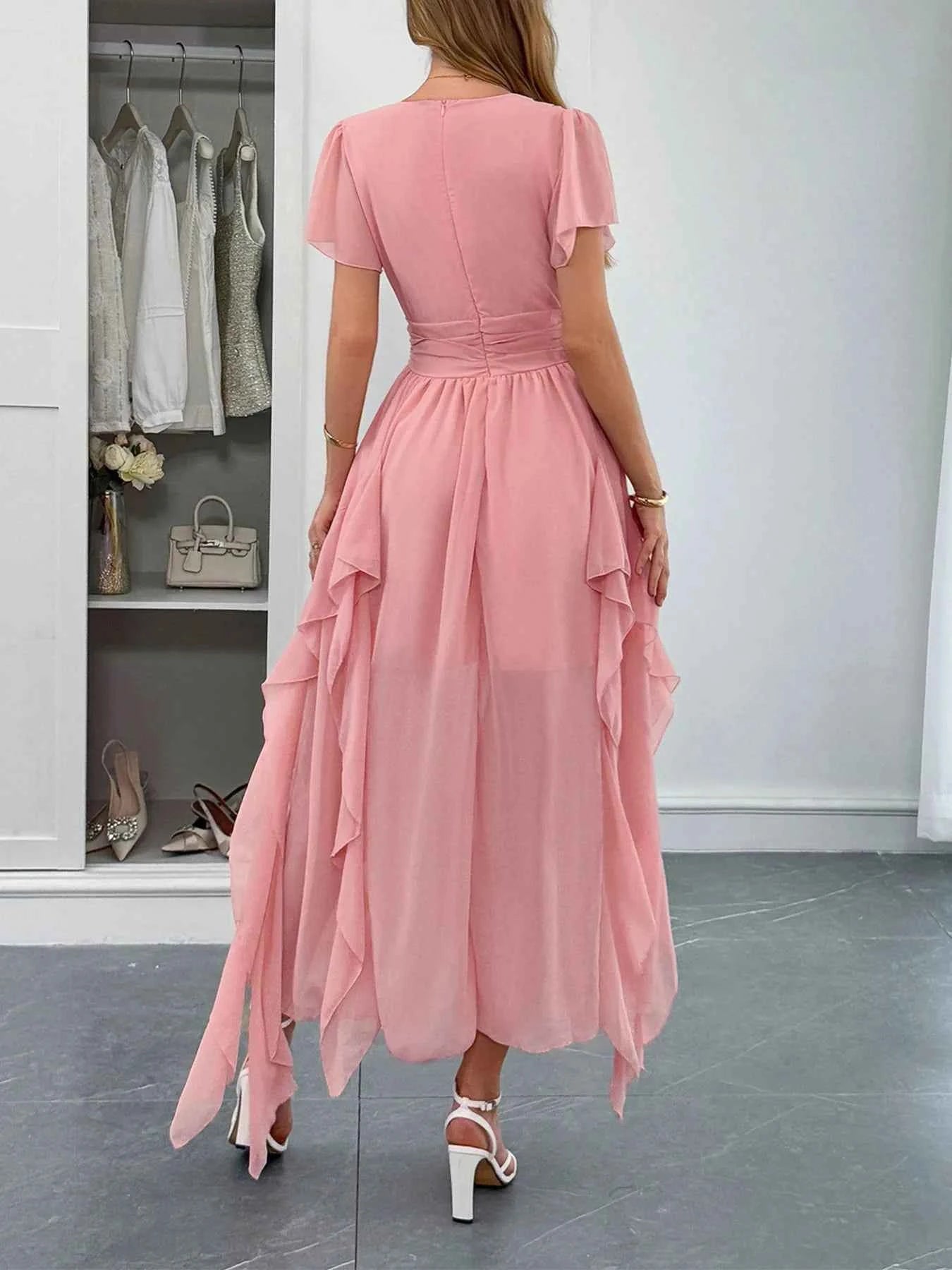 V-Neck Flutter Sleeve Dress