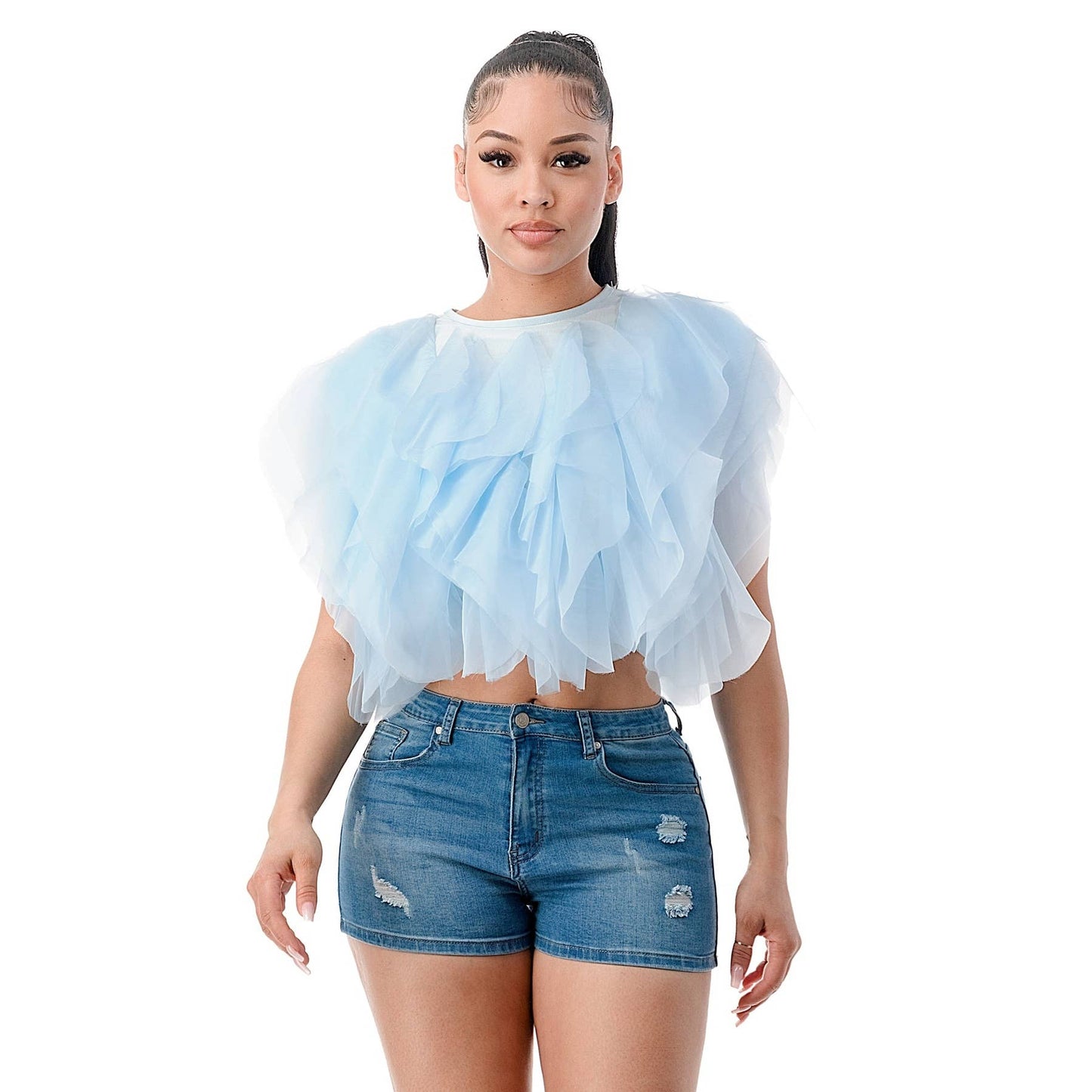 PLUS SIZE RUFFLE TULLE CROP TOP BLOUSE