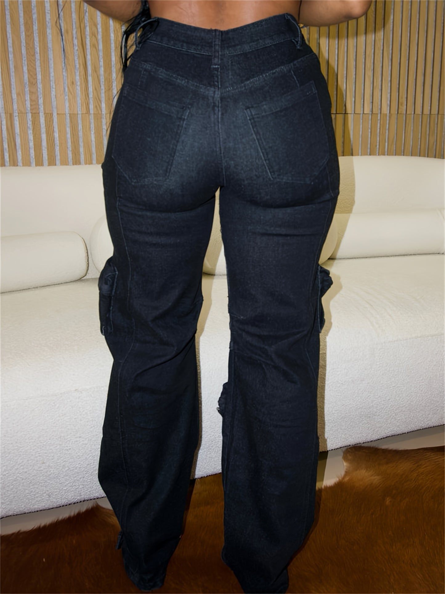 High-Rise Rhinestone-Embellished Women's Cargo Jeans |