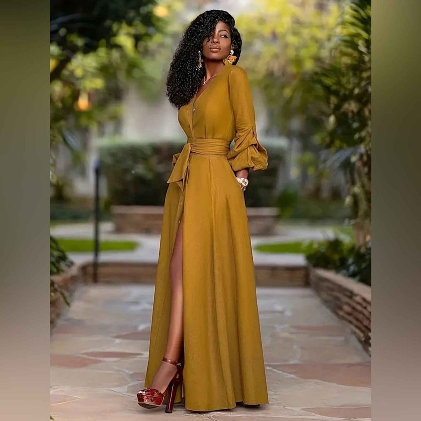 Mustard Yellow Shirting Maxi Dress with Belt – Long Sleeve Button-Down (XL)