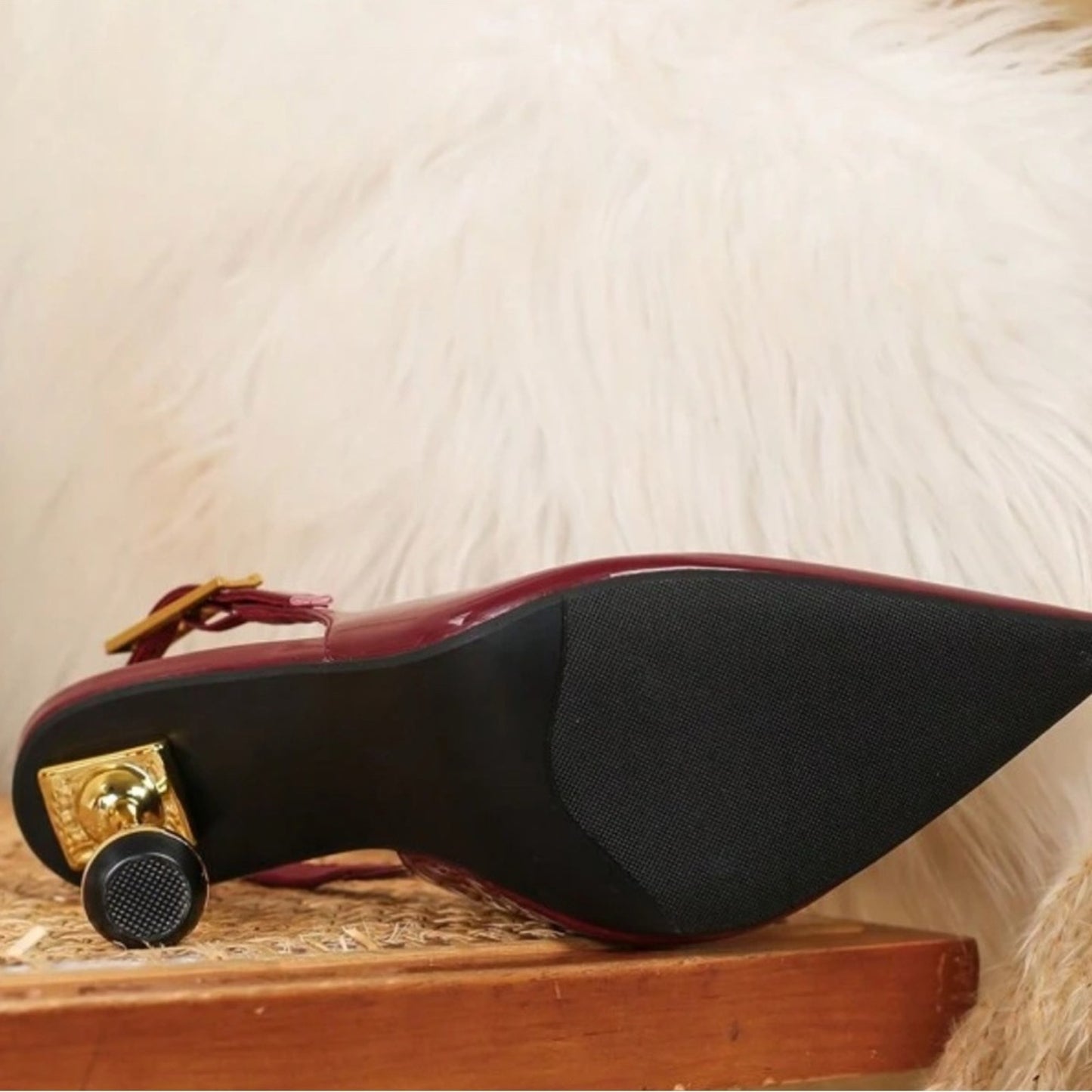 Elegant Burgundy Patent Slingback Heels with Gold Ball Stiletto