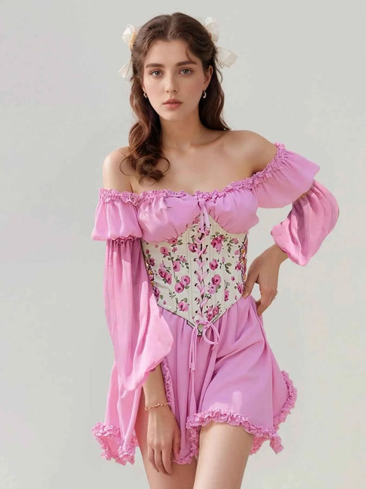 Floral Lace Up Long Sleeve Mini Dress