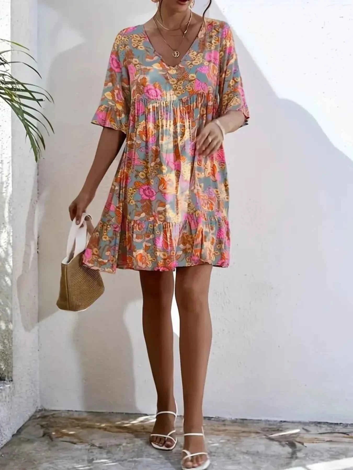 Printed V-Neck Tiered Dress