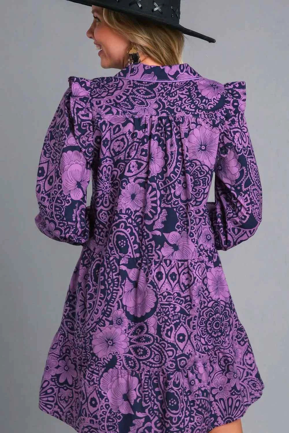 Umgee Full Size Ruffled Printed Piping Detail Long Sleeve Dress Plus Size