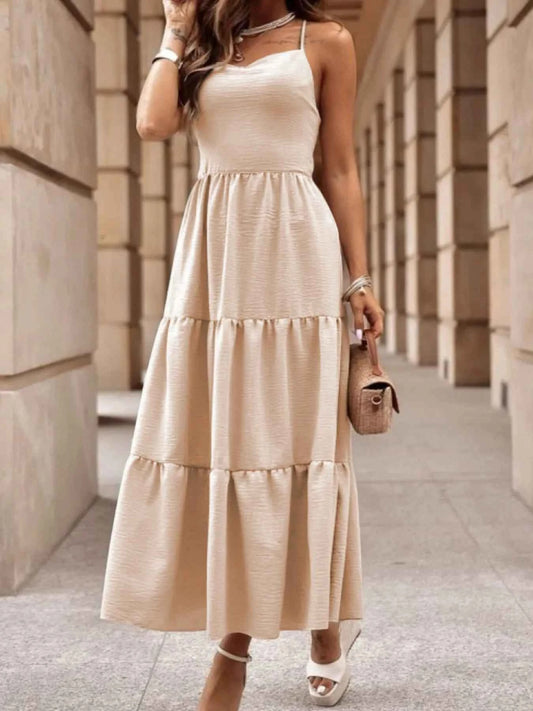 Crossover Backless Bodice Tiered Maxi Dress