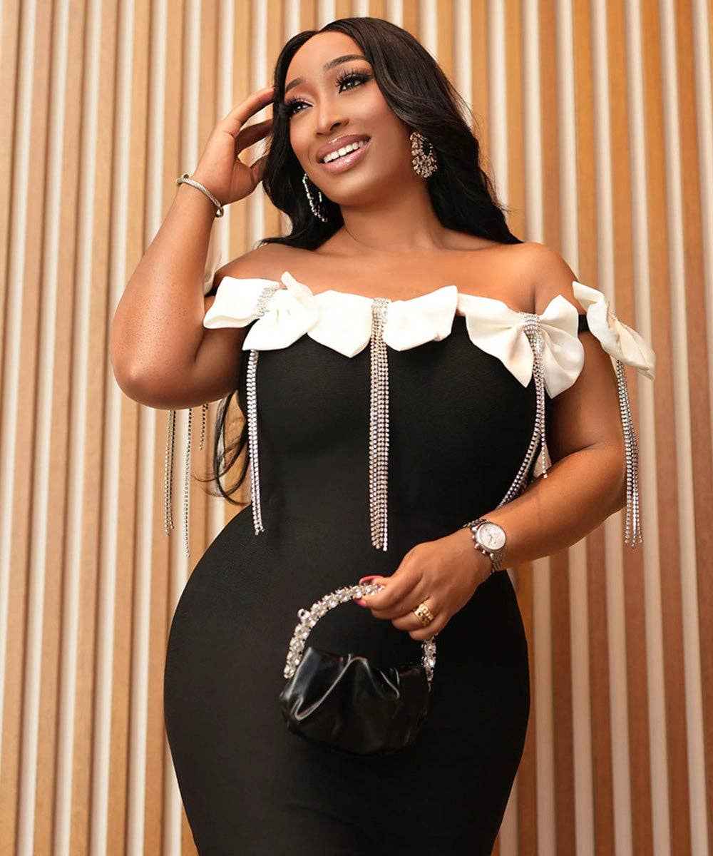 WHITE BOW BROOCH DRESS FOR GLAMOROUS AND SOPHISTICATED