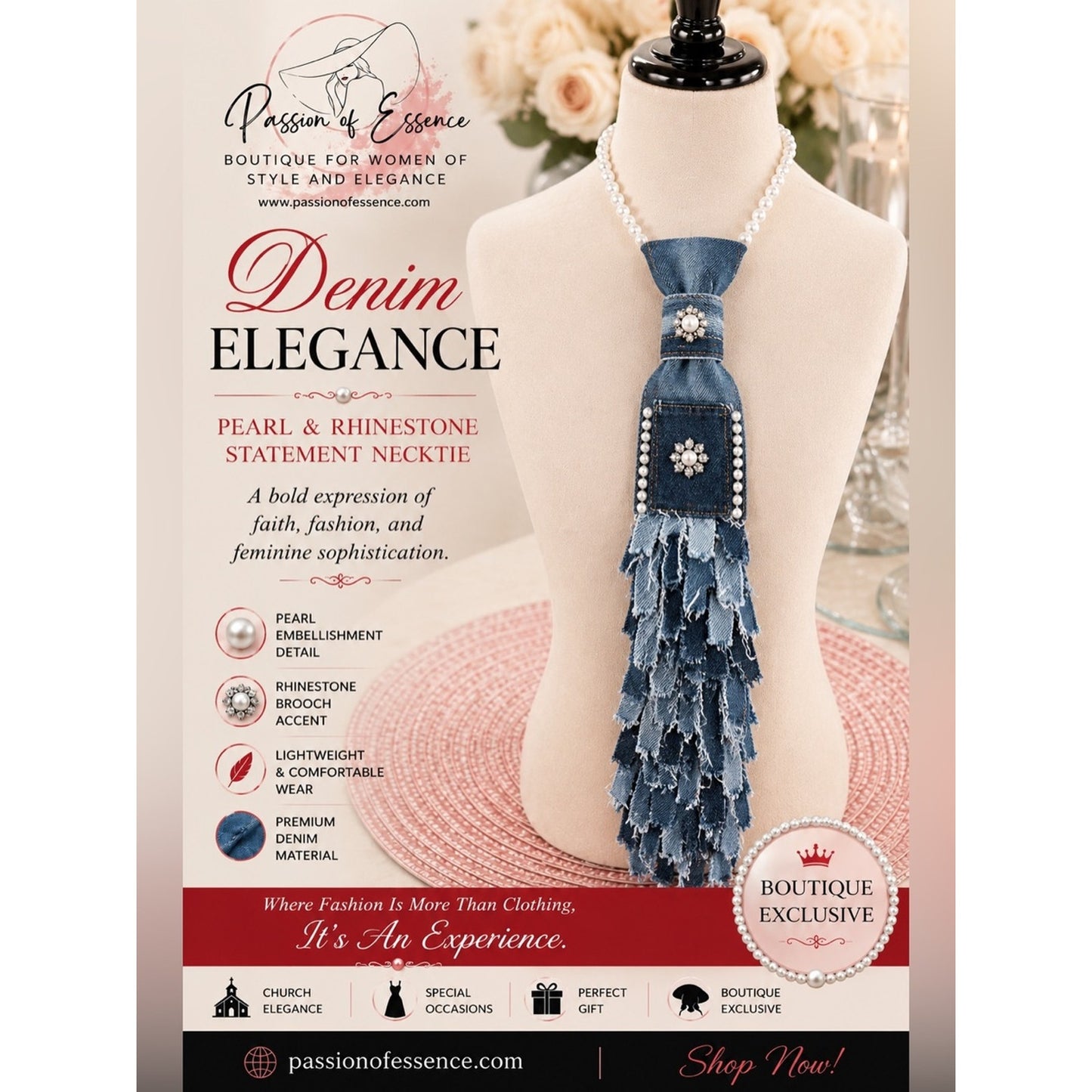 Up cycle Denim Necktie Necklace Faux Pearl Rhinestone Fringe Statement Tie NWT