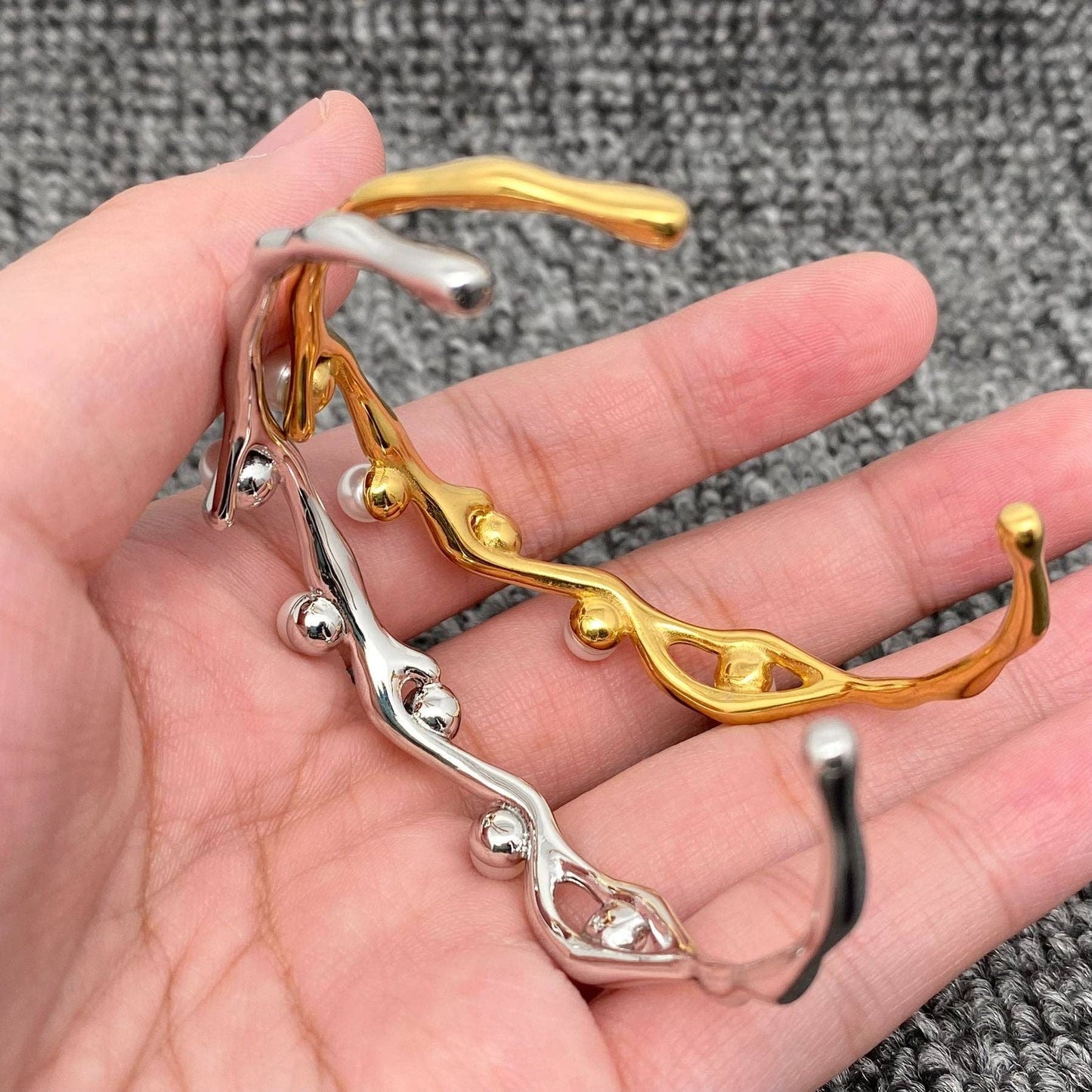 Inlaid Pearl 18K Gold Plated Irregular Adjustable Cuff - FGS