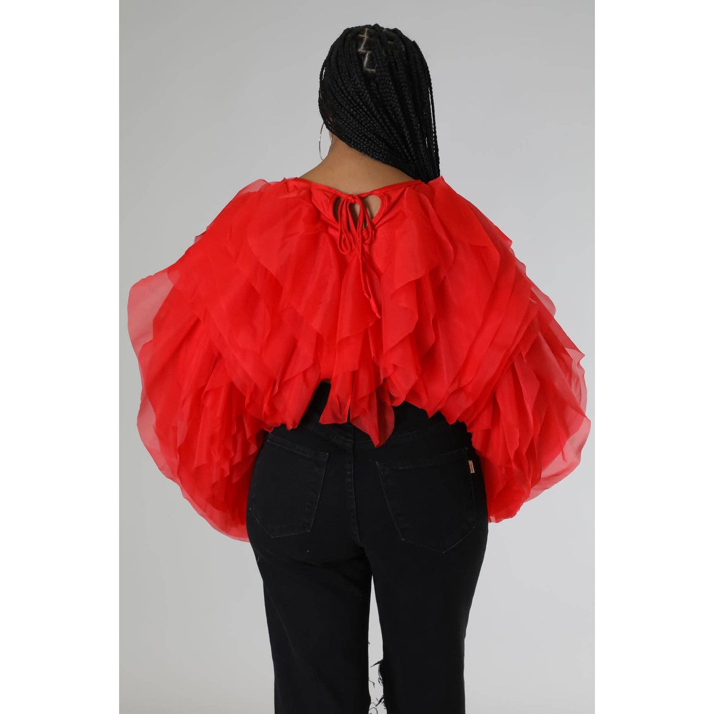 Plus Long Sleeve Ruffle Tulle Crop Top Blouse