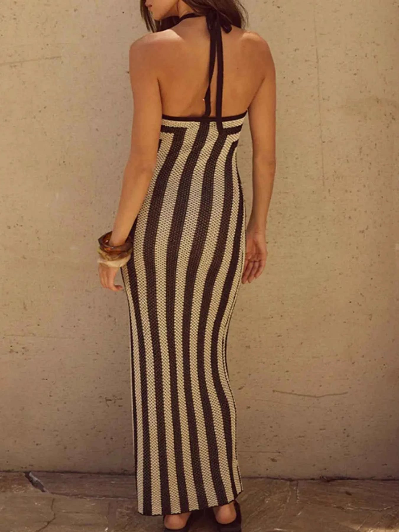 Slit Striped Halter Neck Dress