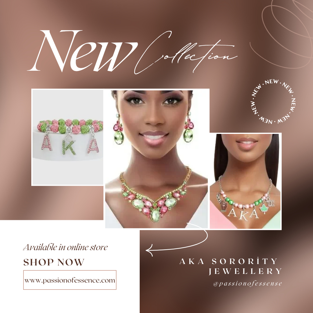 Advertisement for AKA Sorority jewellery collection with model wearing jewelry and text 'New Collection' on a brown background.