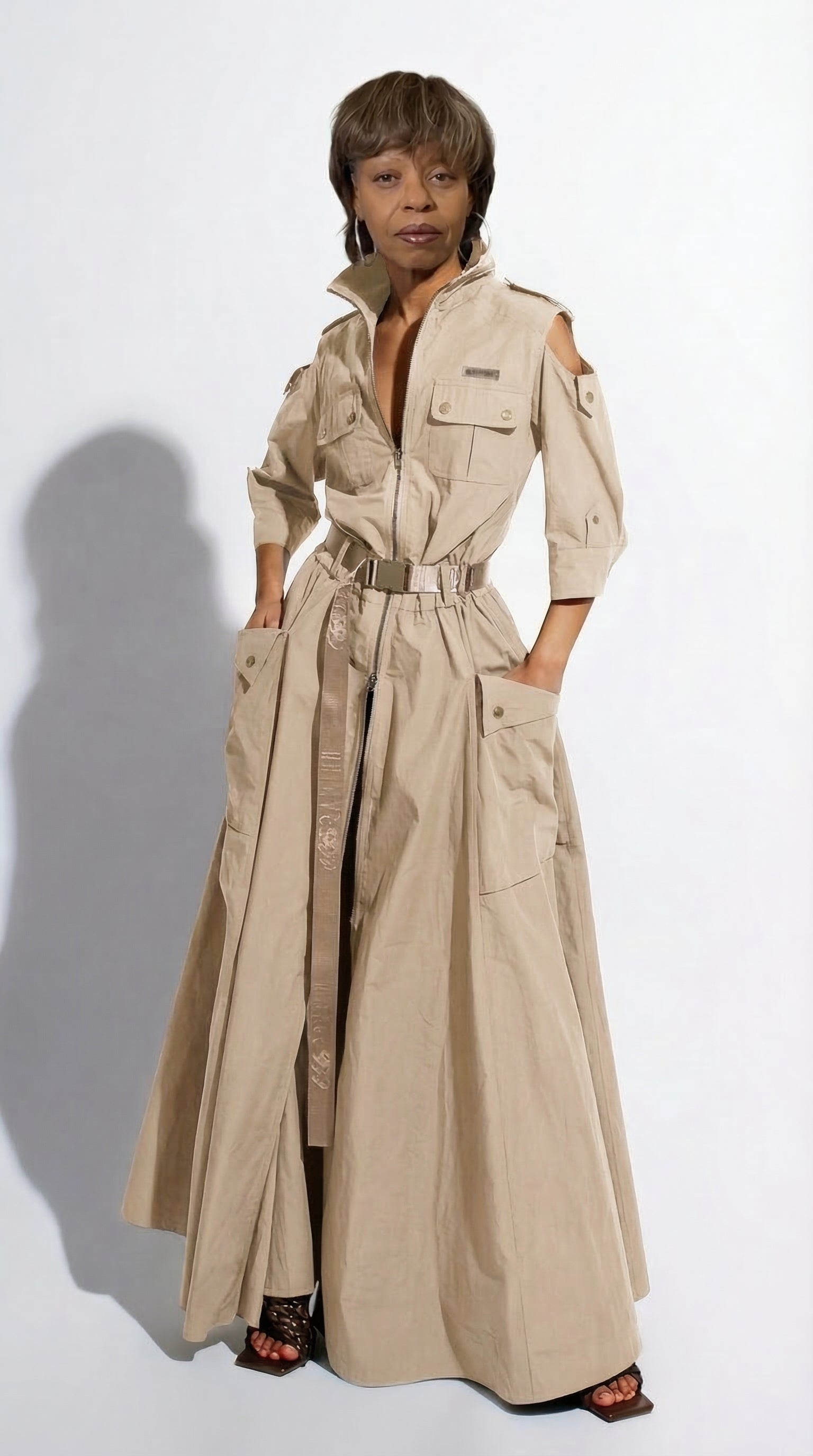Soft Sand Utility Maxi Dress – Cold Shoulder Cargo Pocket Belted Milit