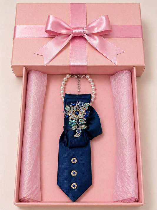 Blue tie with decorative elements in a pink gift box