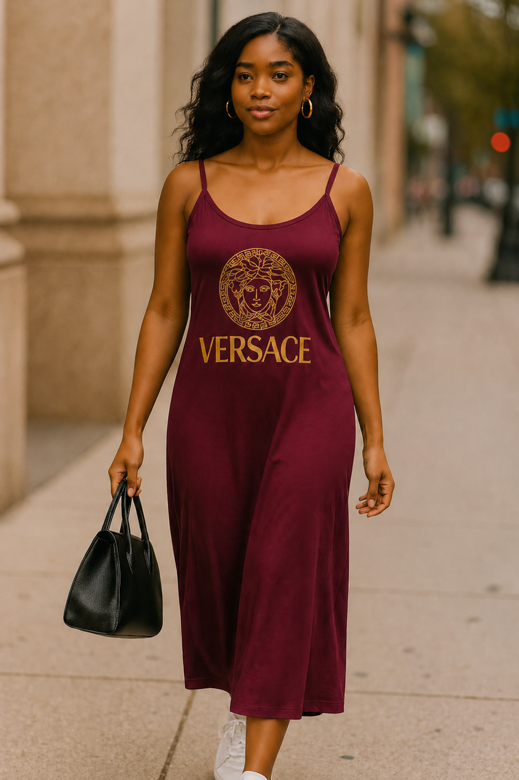 Wine Versace-Inspired Logo Midi Dress – Casual Luxe Street Style