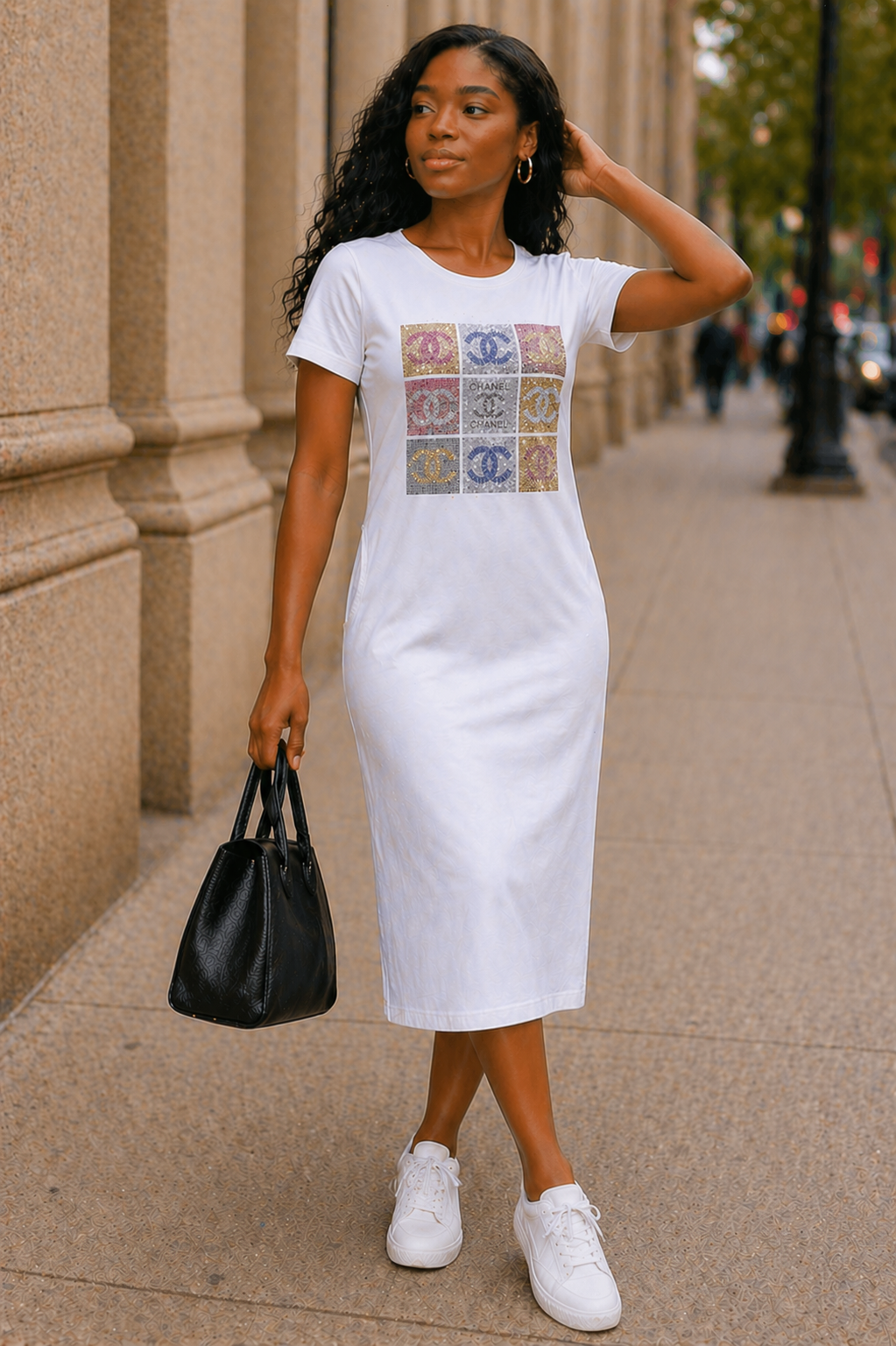 midi t shirt dress with pockets White Rhinestone Logo Grid | Casual Luxe T-Shirt Dress & Other Stories long Style it with simple QA Review Color:taupe