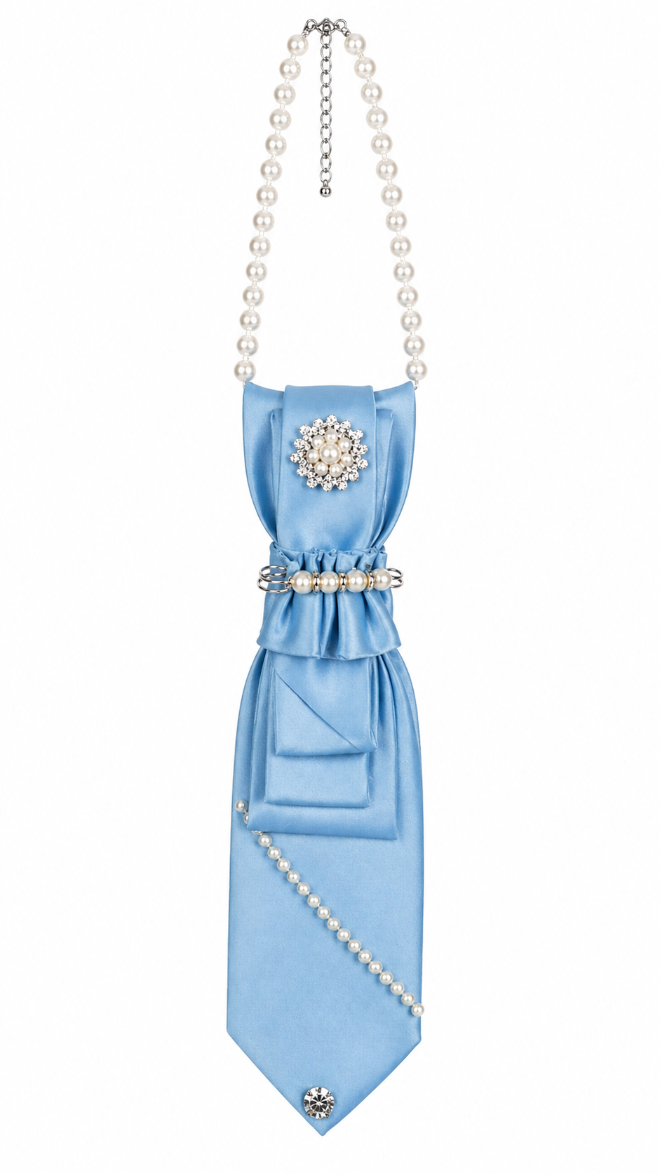 Light blue bow with pearl accents and decorative elements on a white background