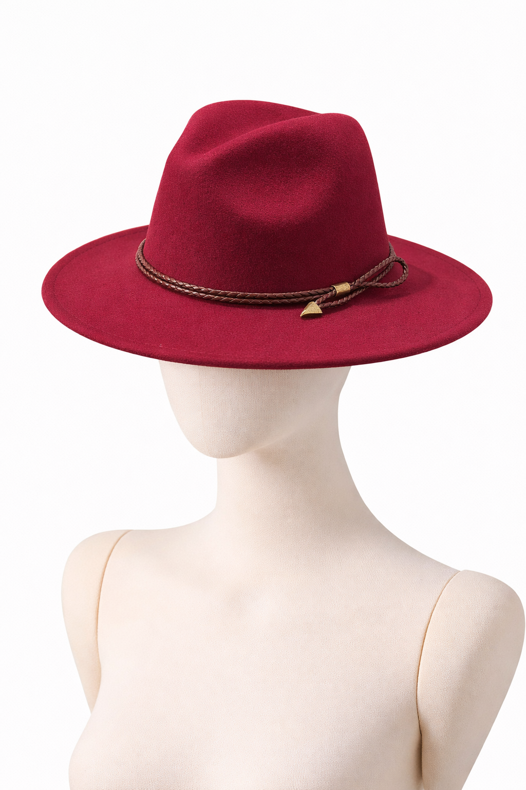 Red fedora hat on a mannequin head against a white background