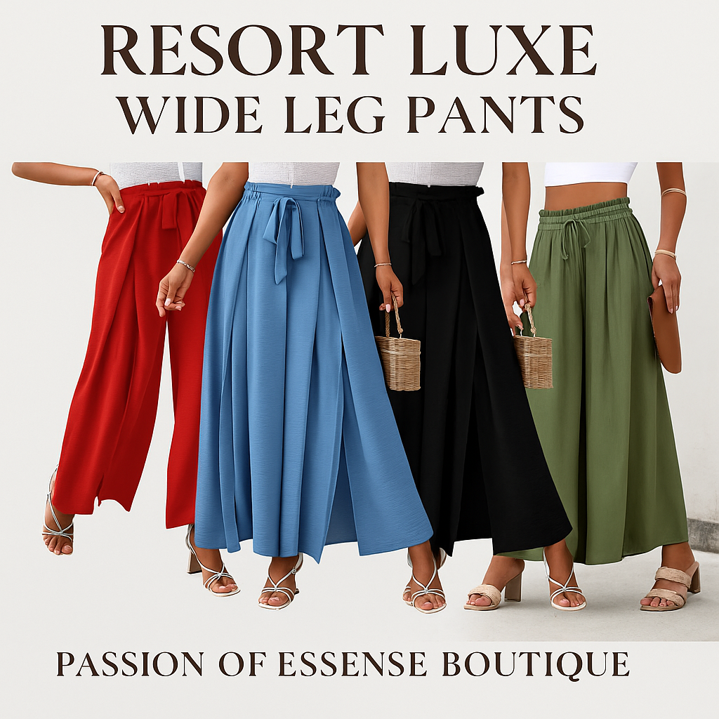 Four women wearing wide leg pants in red, blue, black, and green with 'Passion of Essence Boutique' text.