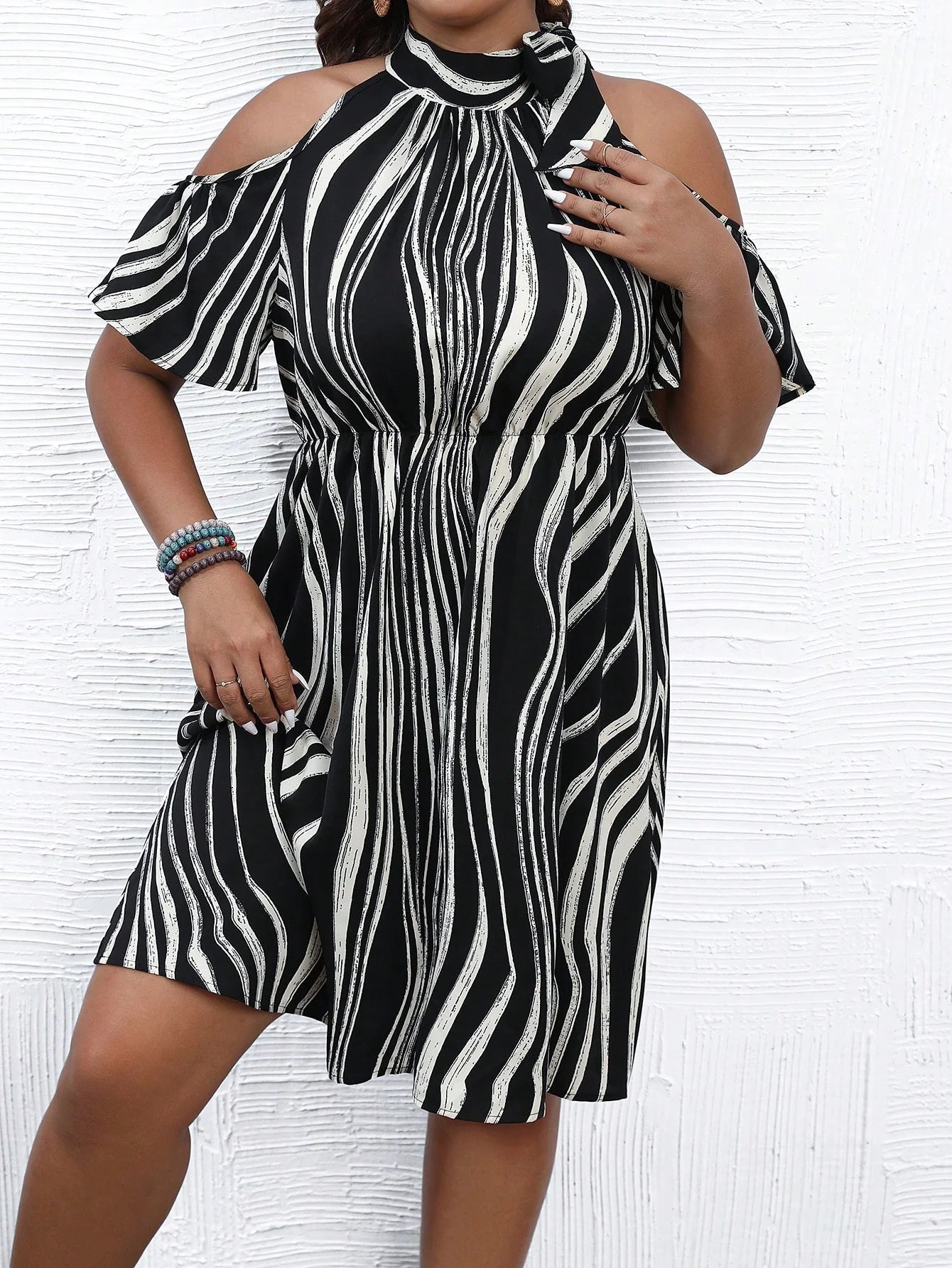 Plus Zebra Striped Cold Shoulder Knot Detail Dress - Passion of Essence Boutique